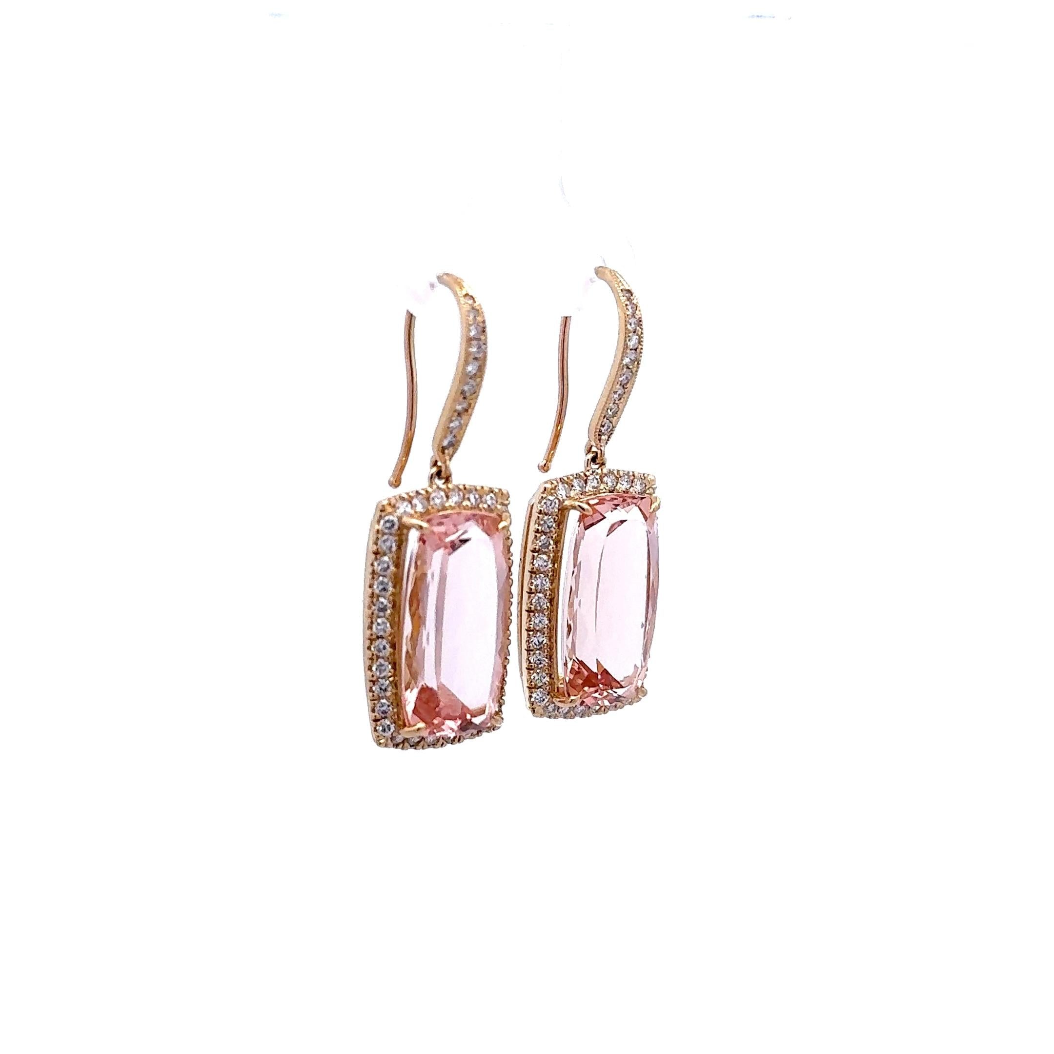19.28 Carats Morganite Diamond 14k Yellow Gold Halo Hook Dangle Earrings