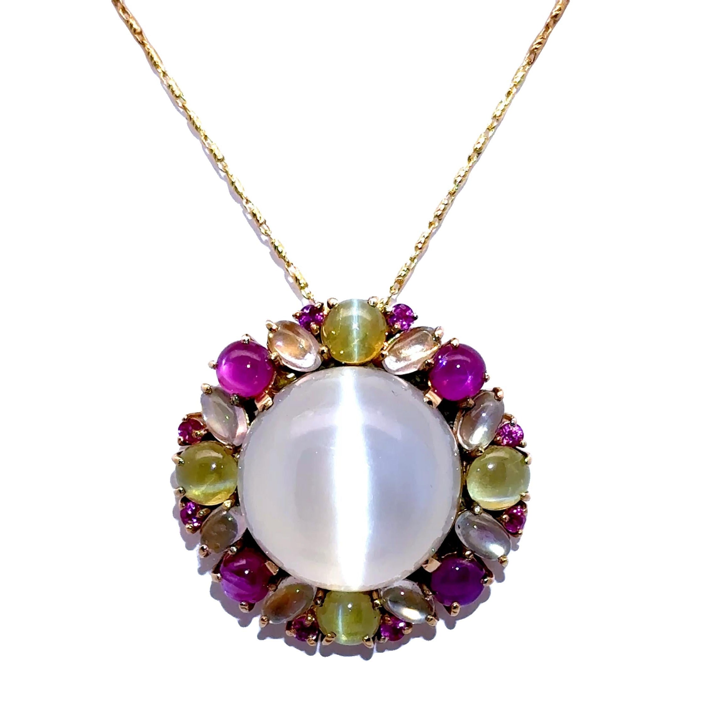 23.77 Carat Cats-Eye Moonstone Multi-Colored Gemstone 18k Yellow Gold Pendant