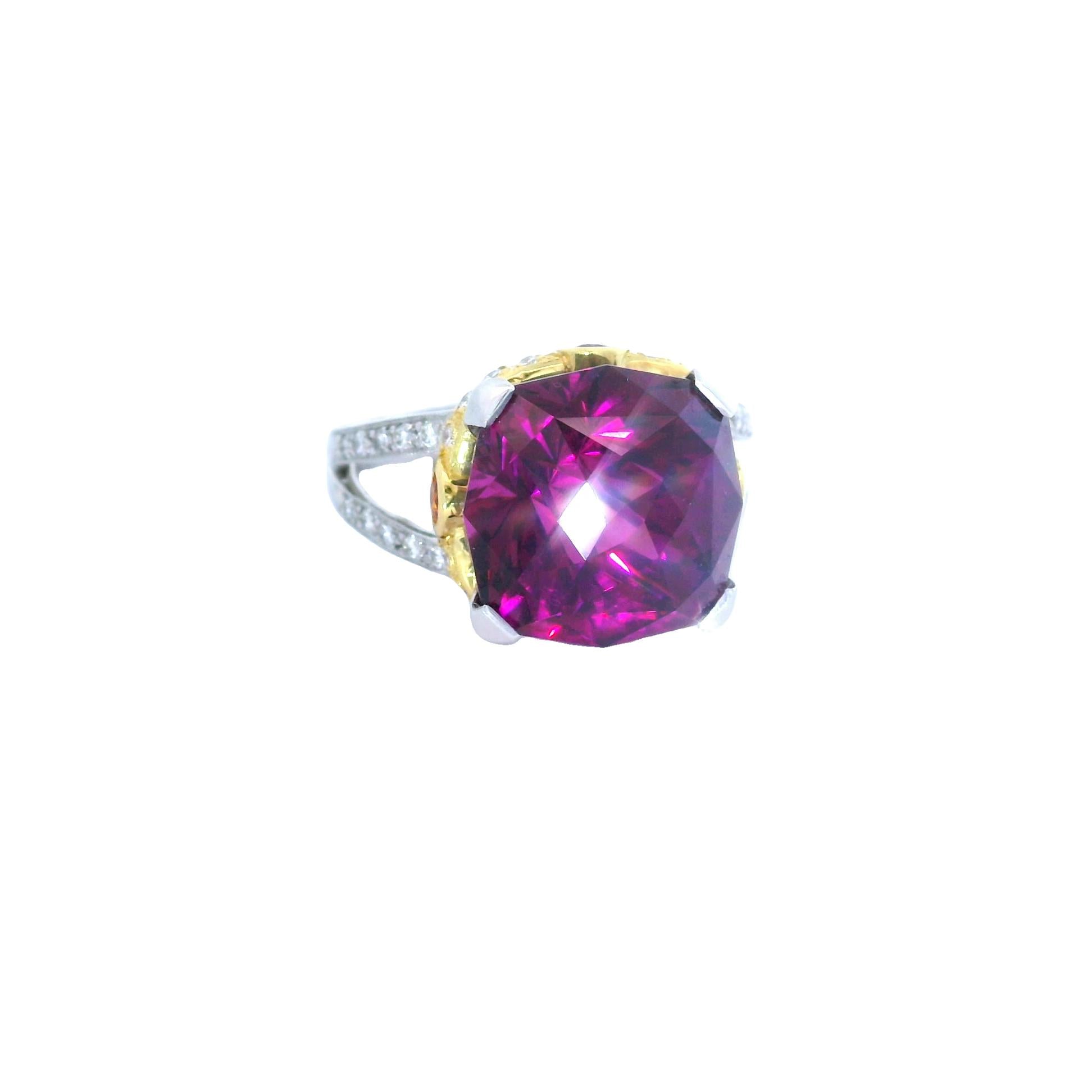 14.18 Carat Gem Rhodolite Garnet Diamond Platinum & 18k Yellow Gold Ring