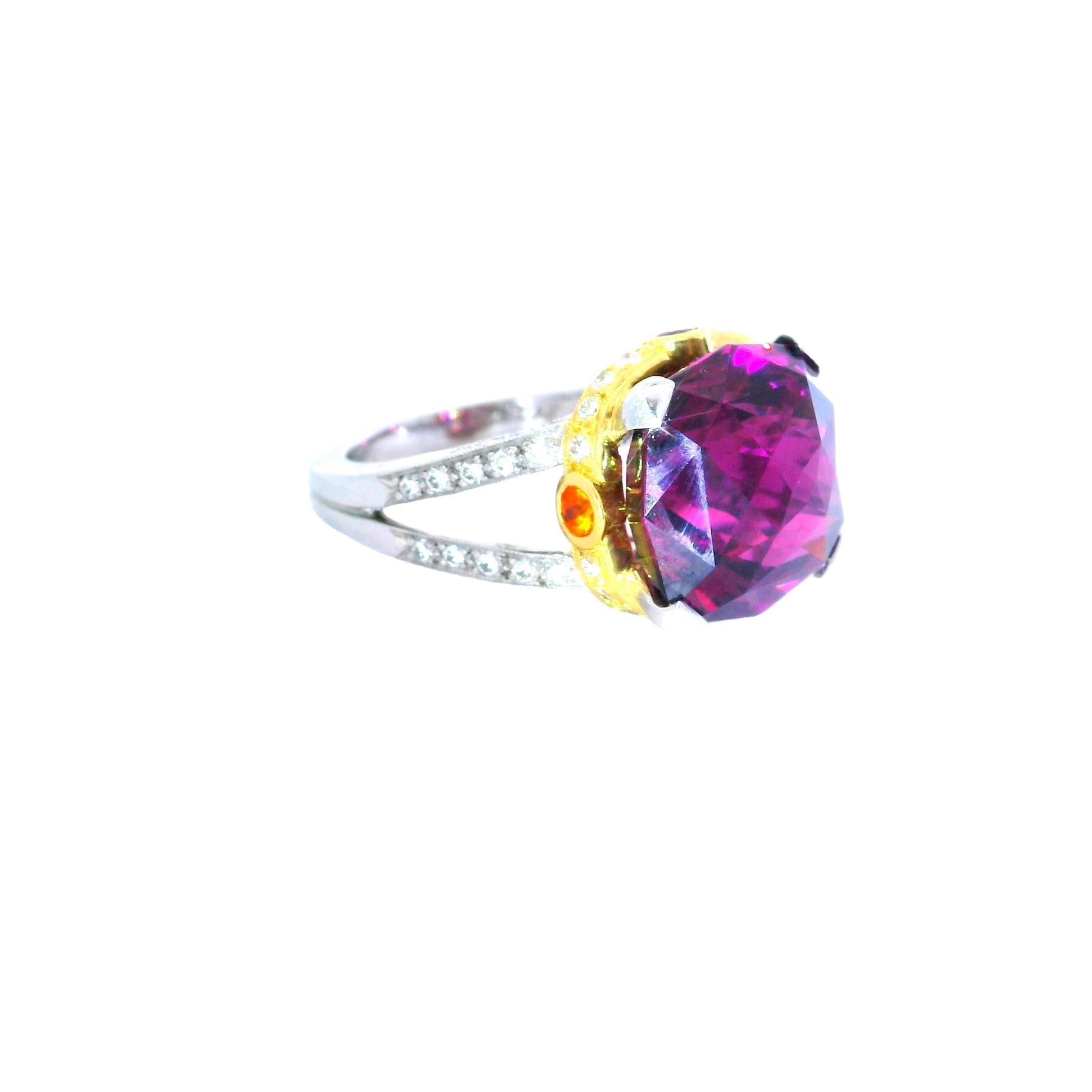 14.18 Carat Gem Rhodolite Garnet Diamond Platinum & 18k Yellow Gold Ring