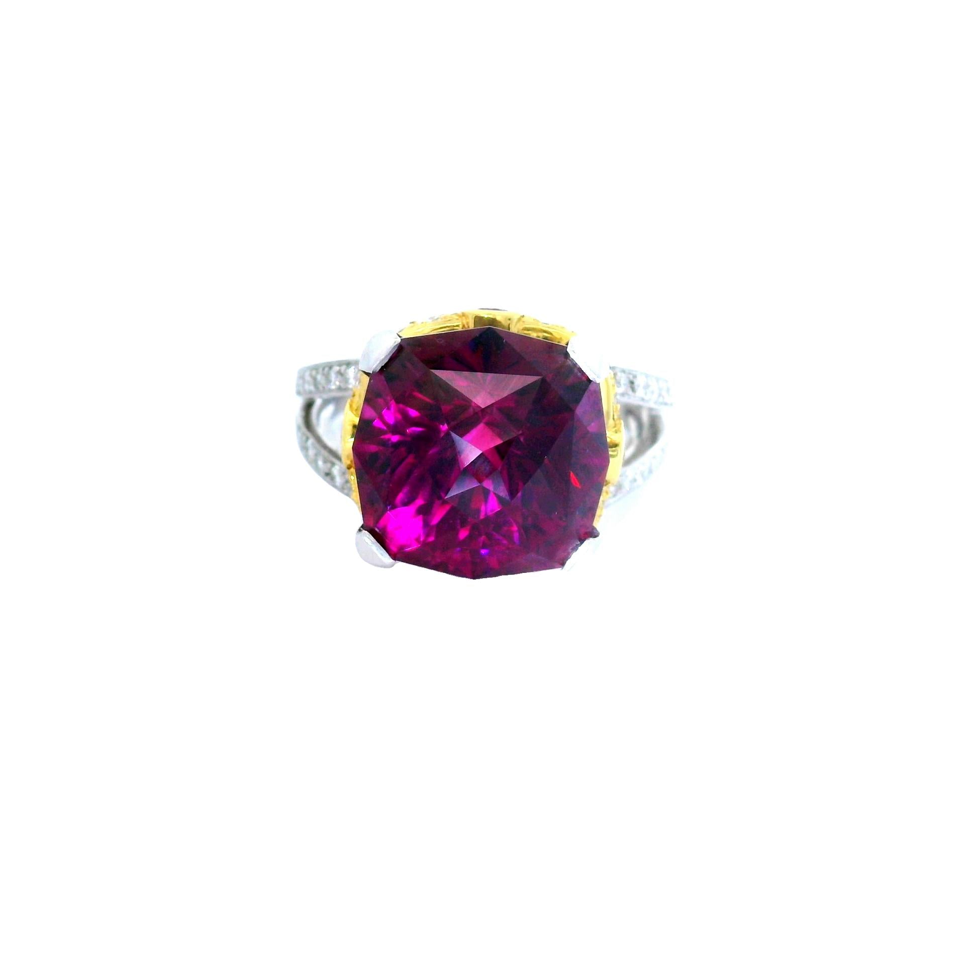 14.18 Carat Gem Rhodolite Garnet Diamond Platinum & 18k Yellow Gold Ring