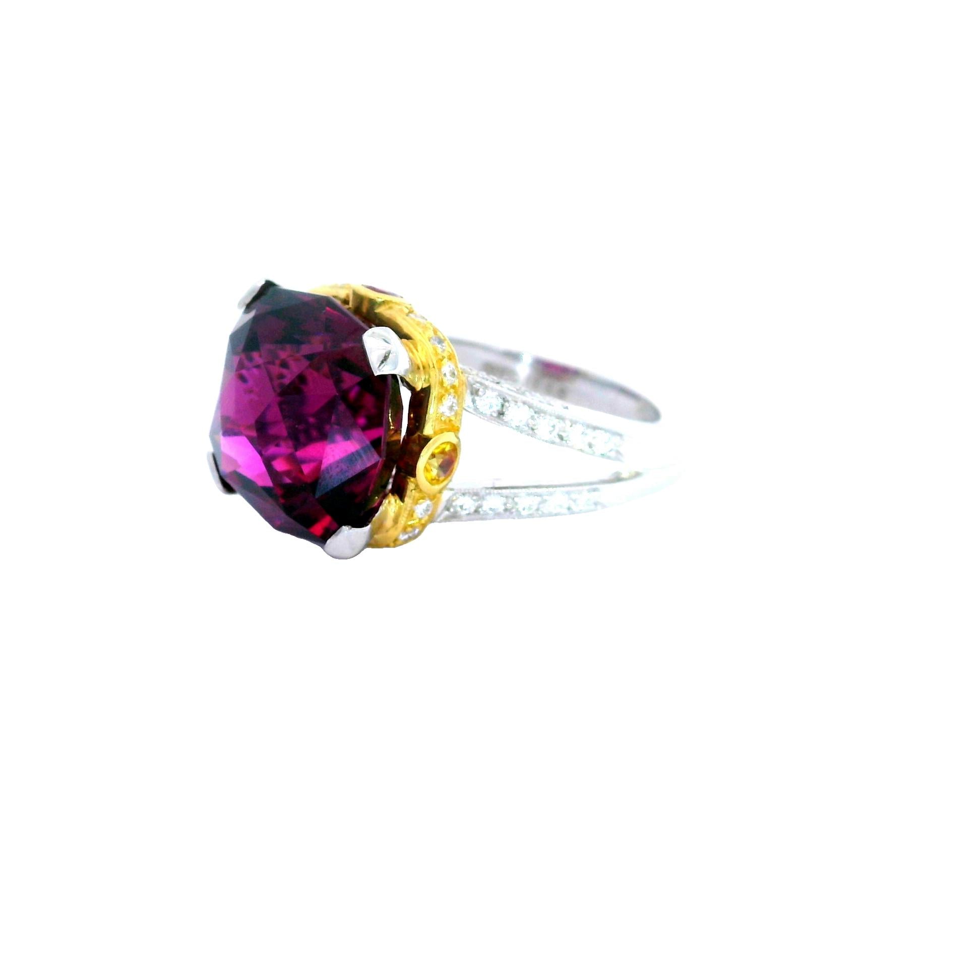 14.18 Carat Gem Rhodolite Garnet Diamond Platinum & 18k Yellow Gold Ring