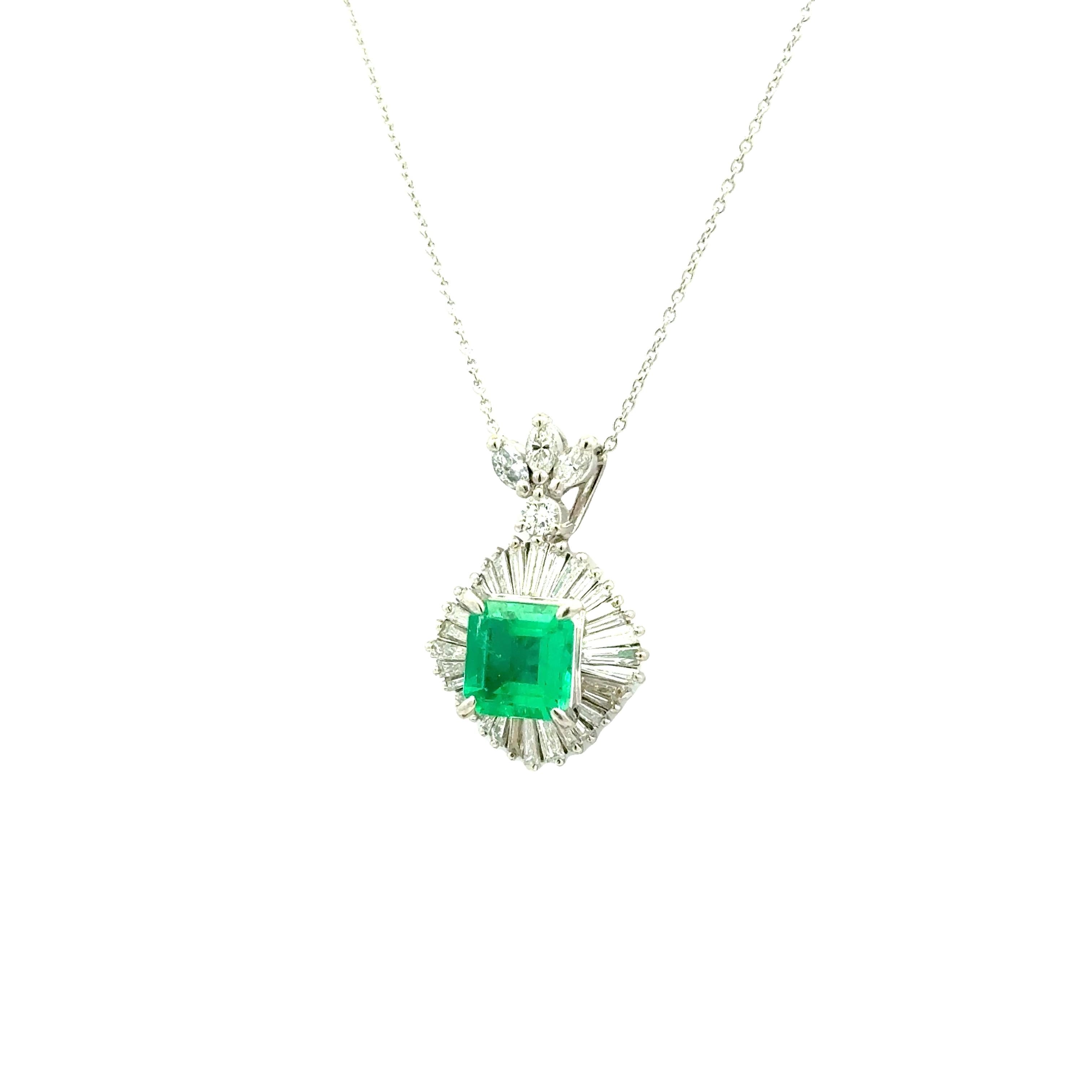 1.45 Carat Emerald Diamond Platinum Halo Pendant Necklace