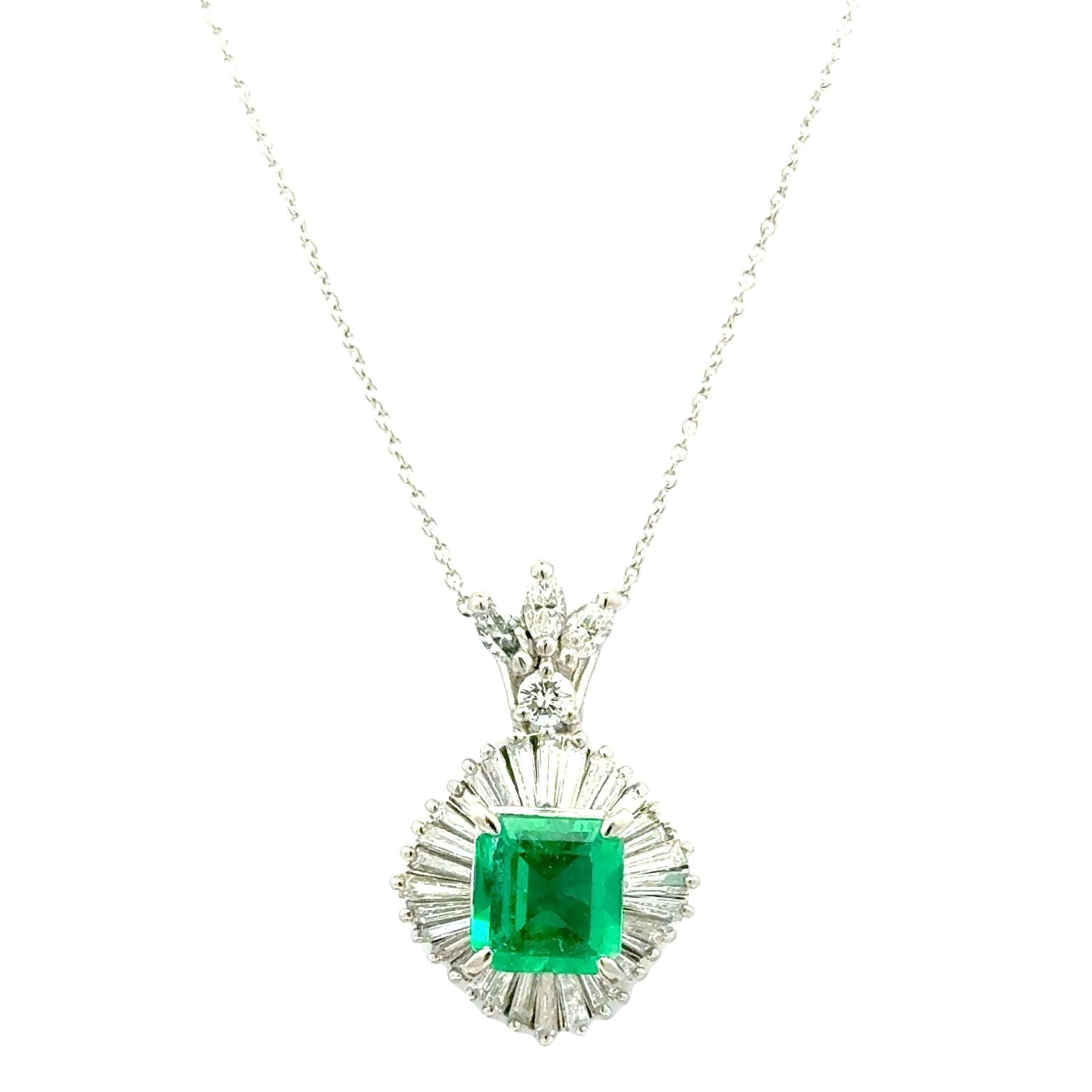 1.45 Carat Emerald Diamond Platinum Halo Pendant Necklace