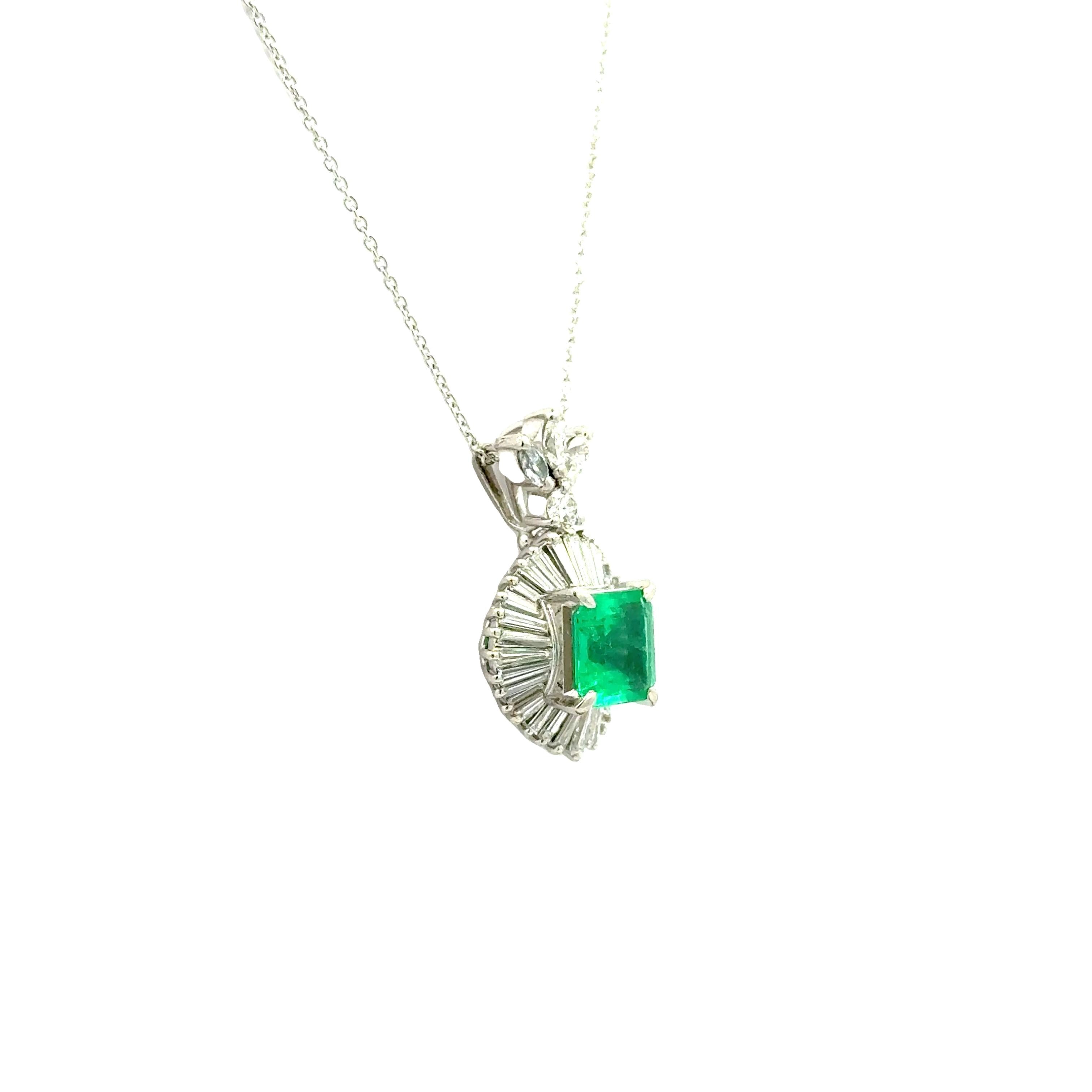 1.45 Carat Emerald Diamond Platinum Halo Pendant Necklace