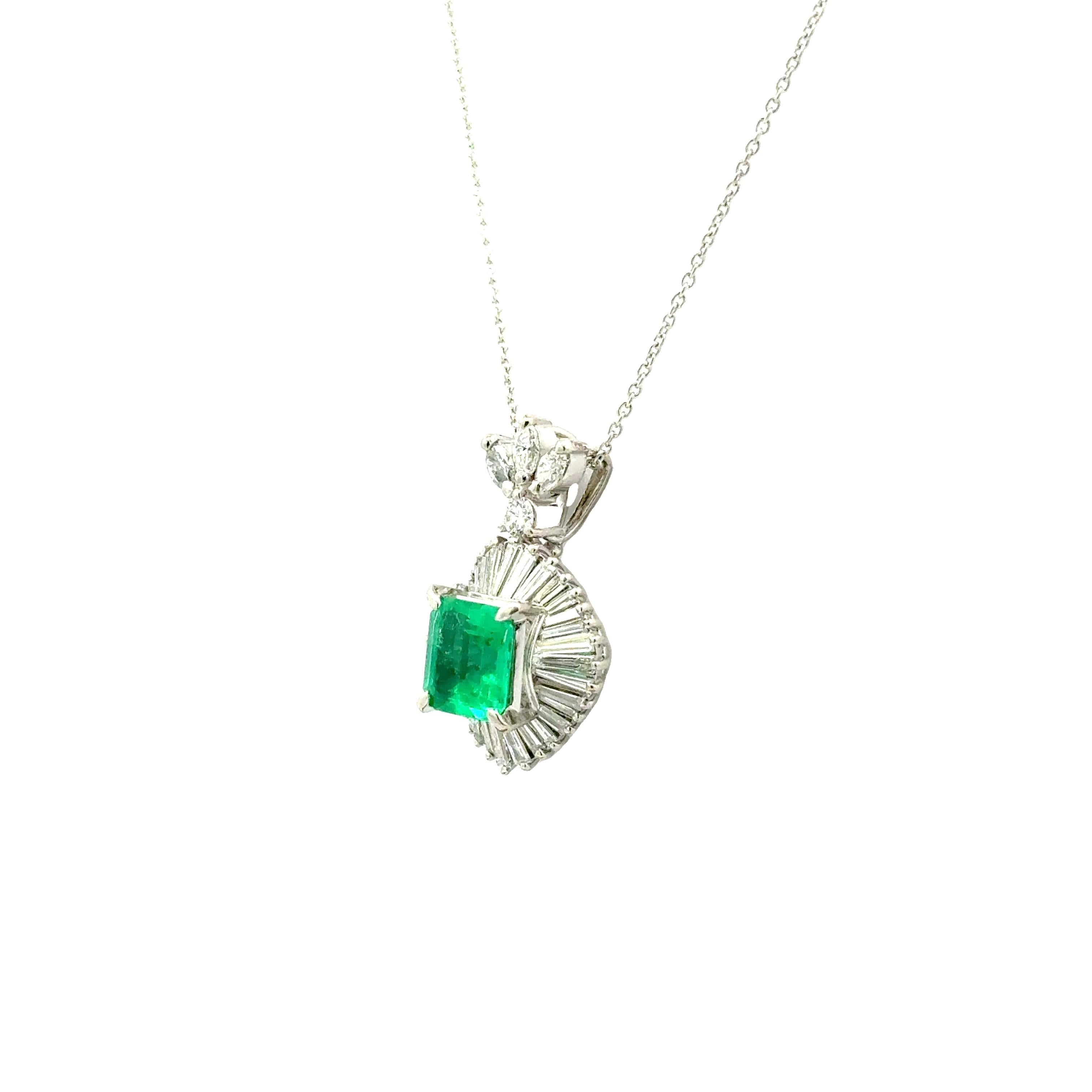 1.45 Carat Emerald Diamond Platinum Halo Pendant Necklace