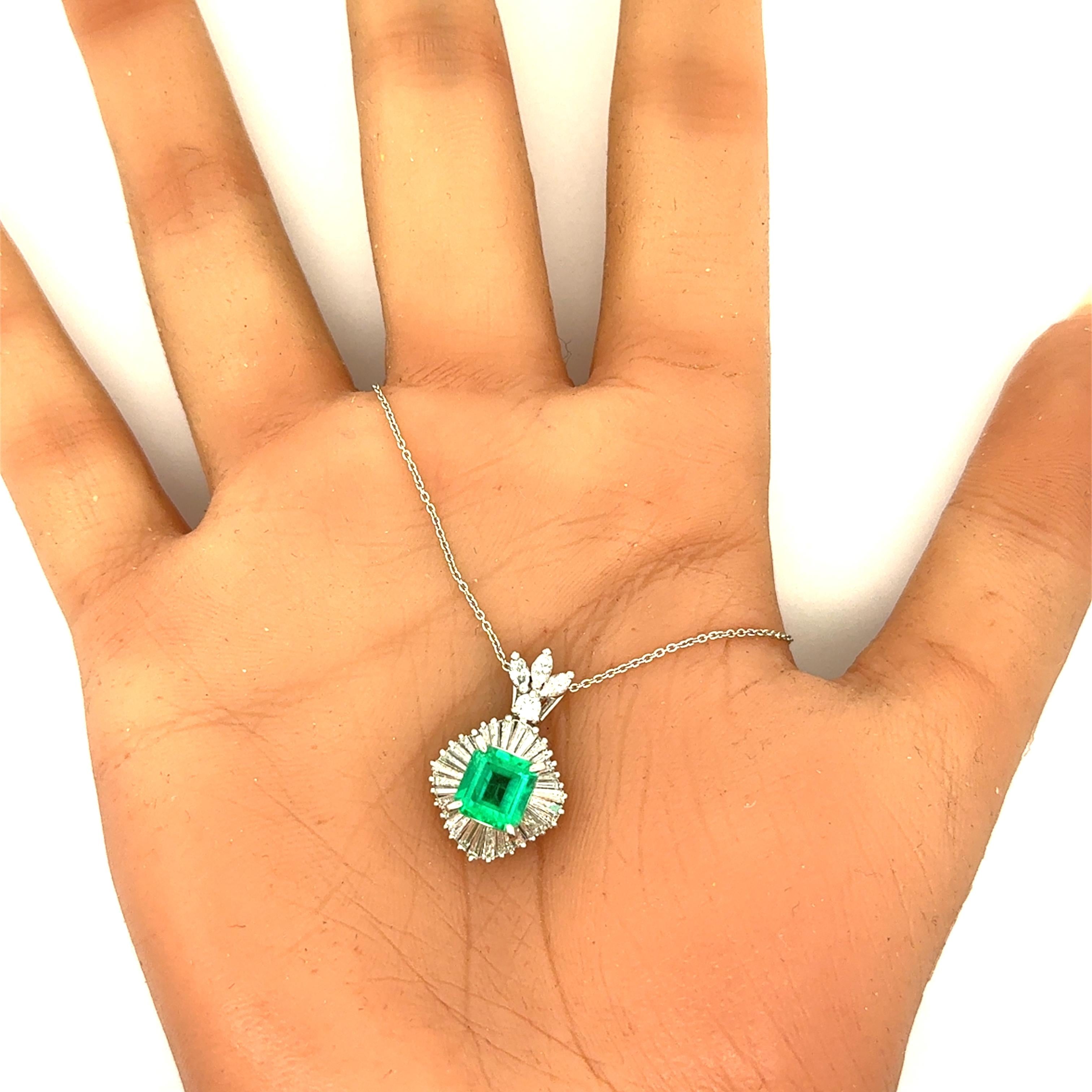 1.45 Carat Emerald Diamond Platinum Halo Pendant Necklace