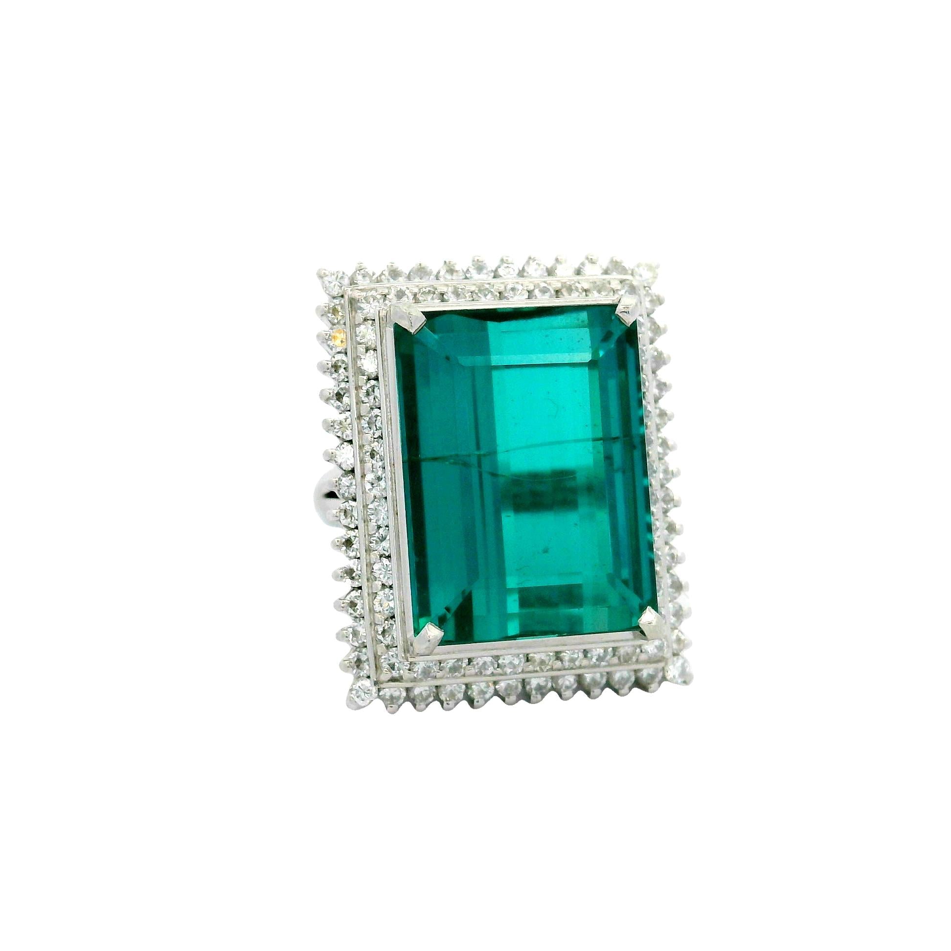 17.79 Carat Indicolite Tourmaline Diamond Platinum Double Halo Cocktail Ring