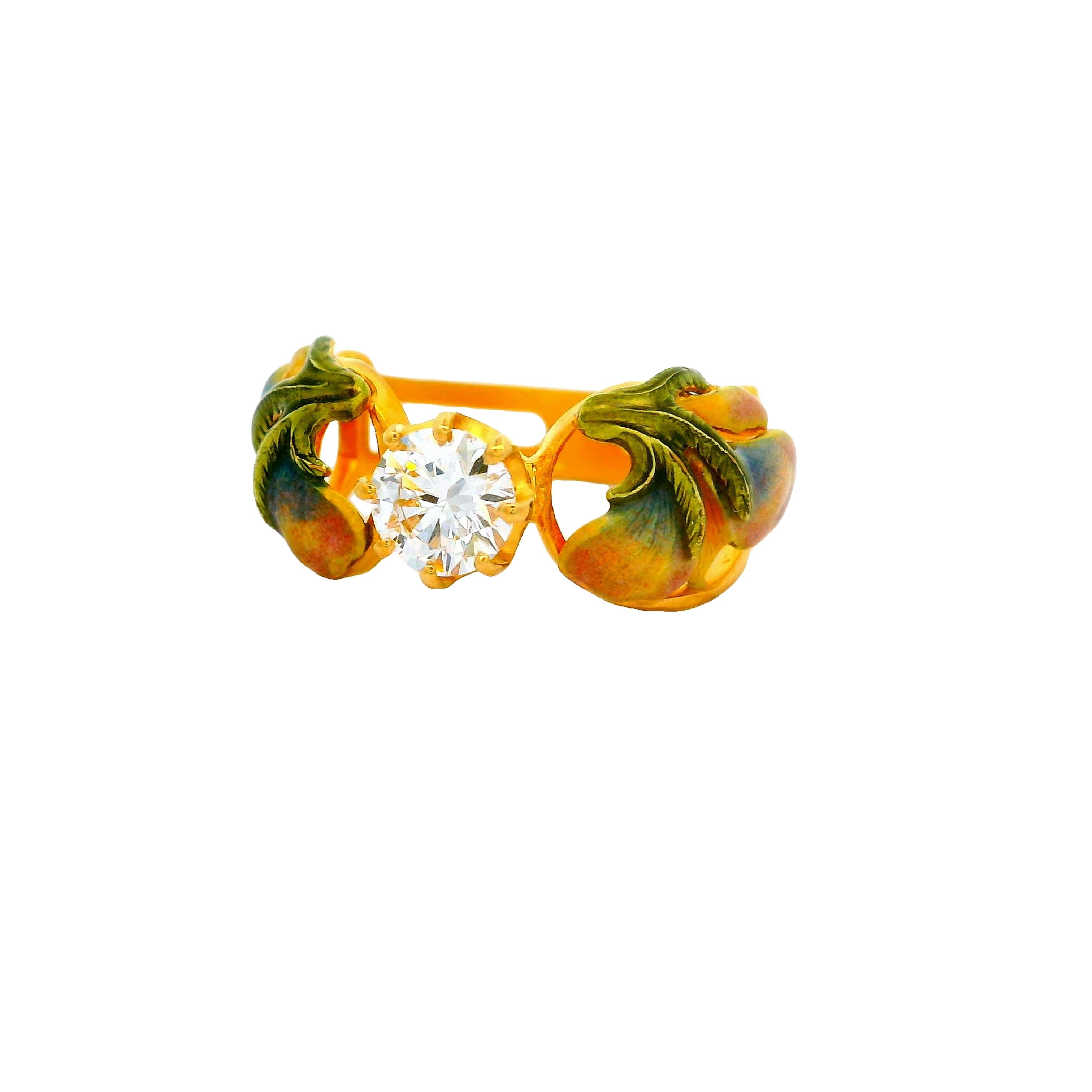 Masriera Diamond Solitaire Enamel 18k Yellow Gold Ring