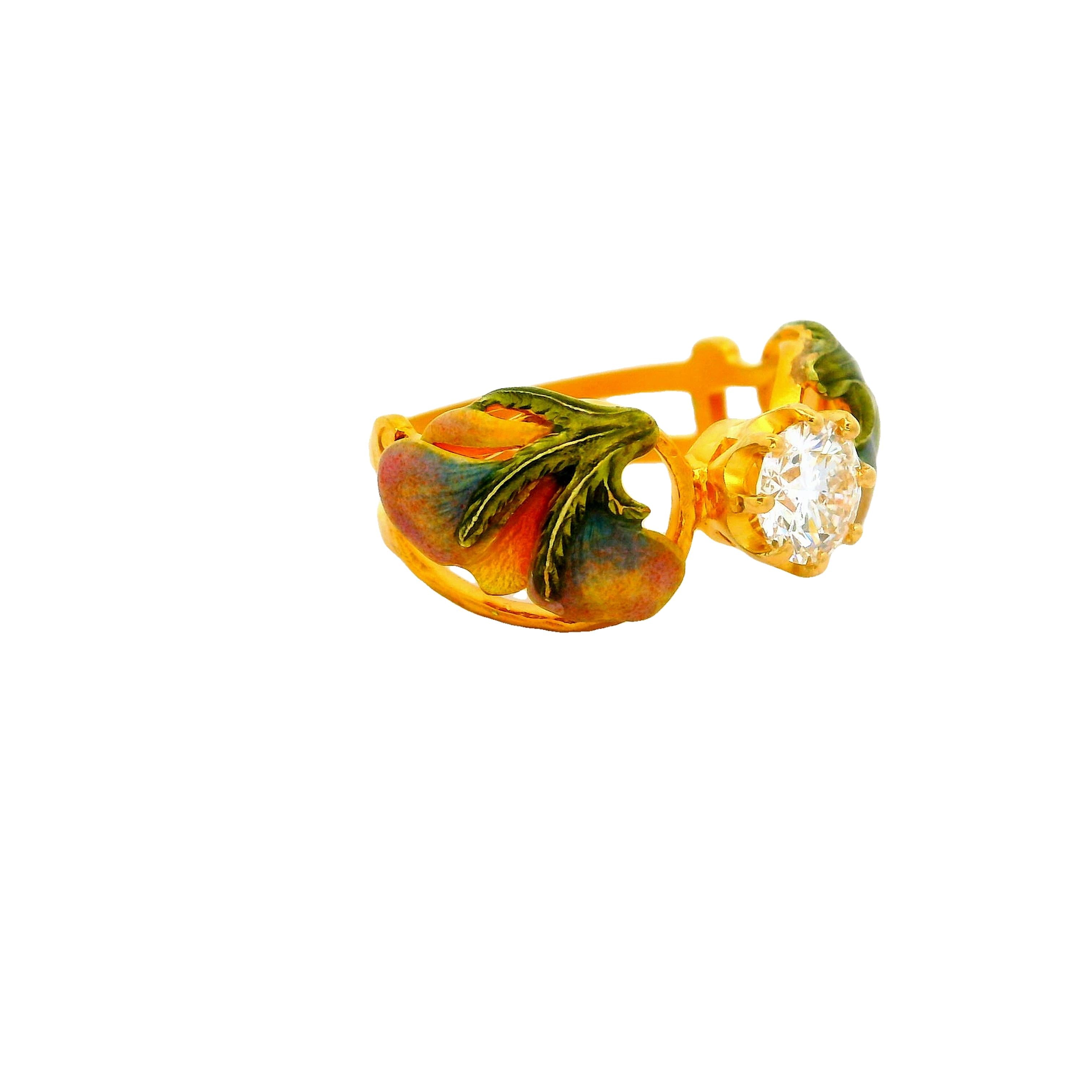 Masriera Diamond Solitaire Enamel 18k Yellow Gold Ring