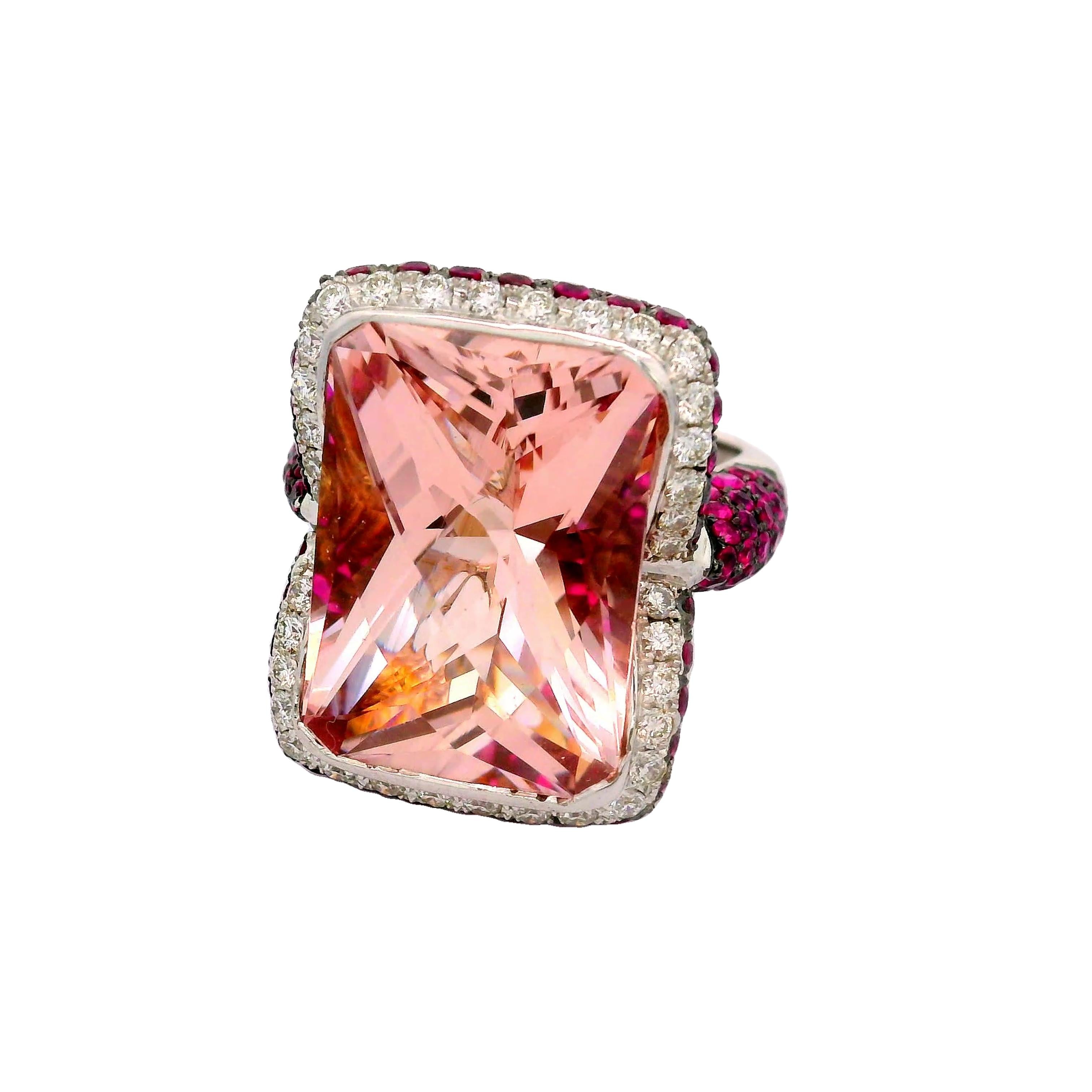 Morganite Ruby Diamond 18k White Gold Cocktail Ring