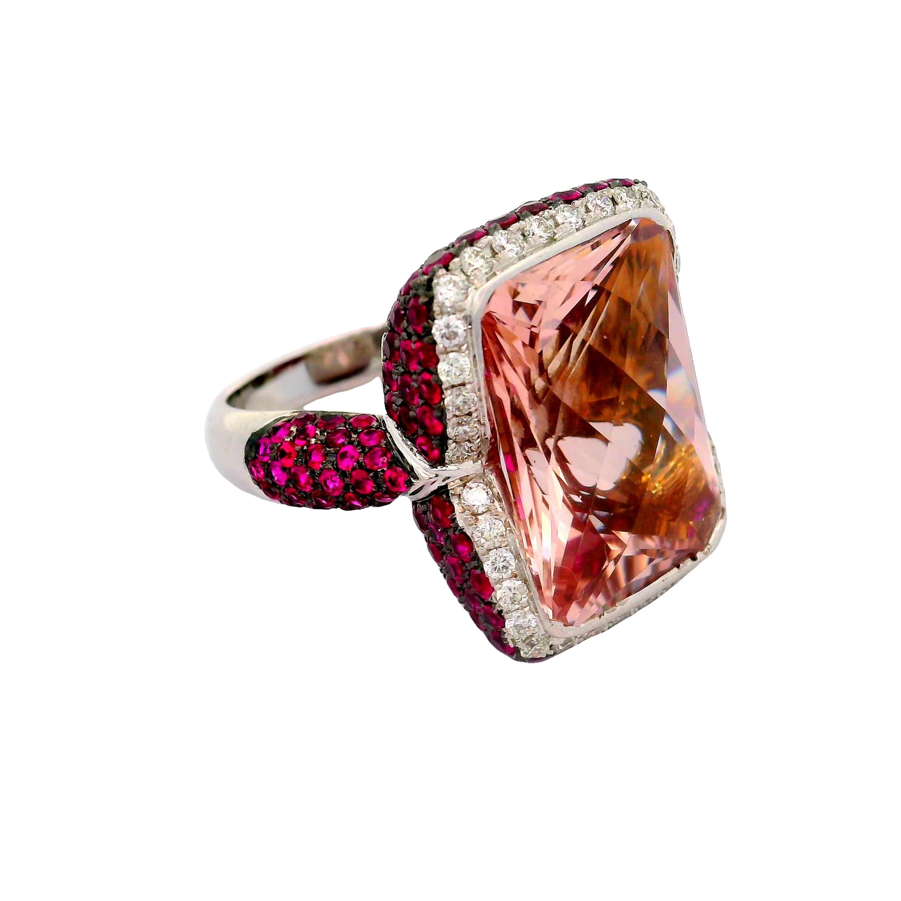 Morganite Ruby Diamond 18k White Gold Cocktail Ring