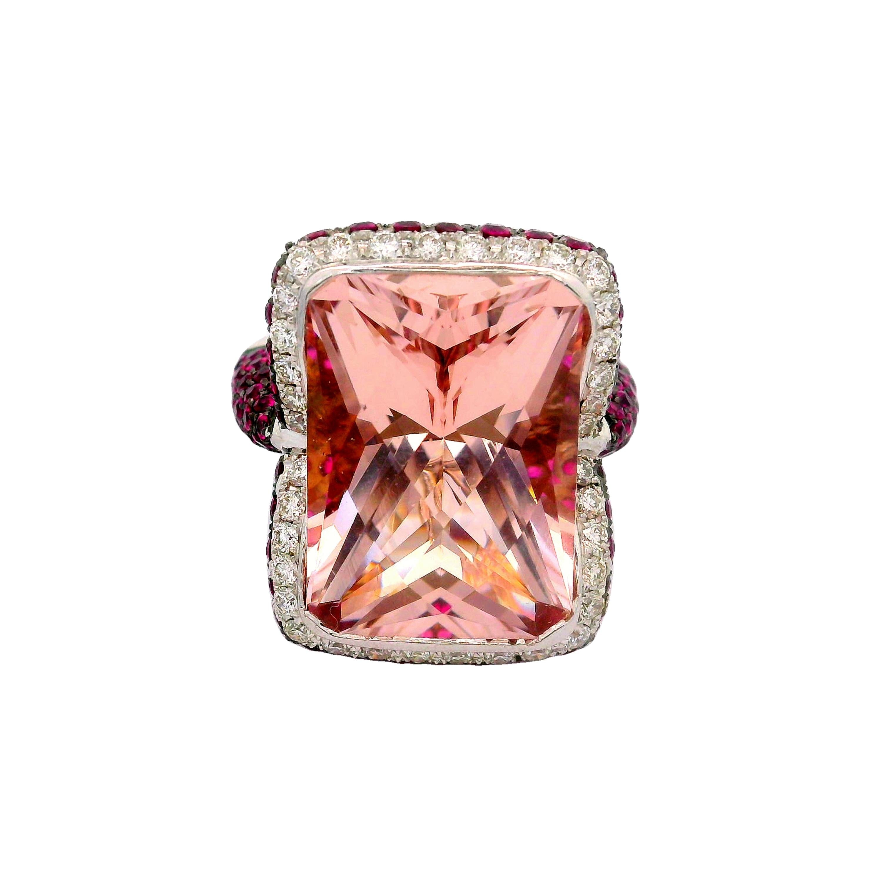 Morganite Ruby Diamond 18k White Gold Cocktail Ring