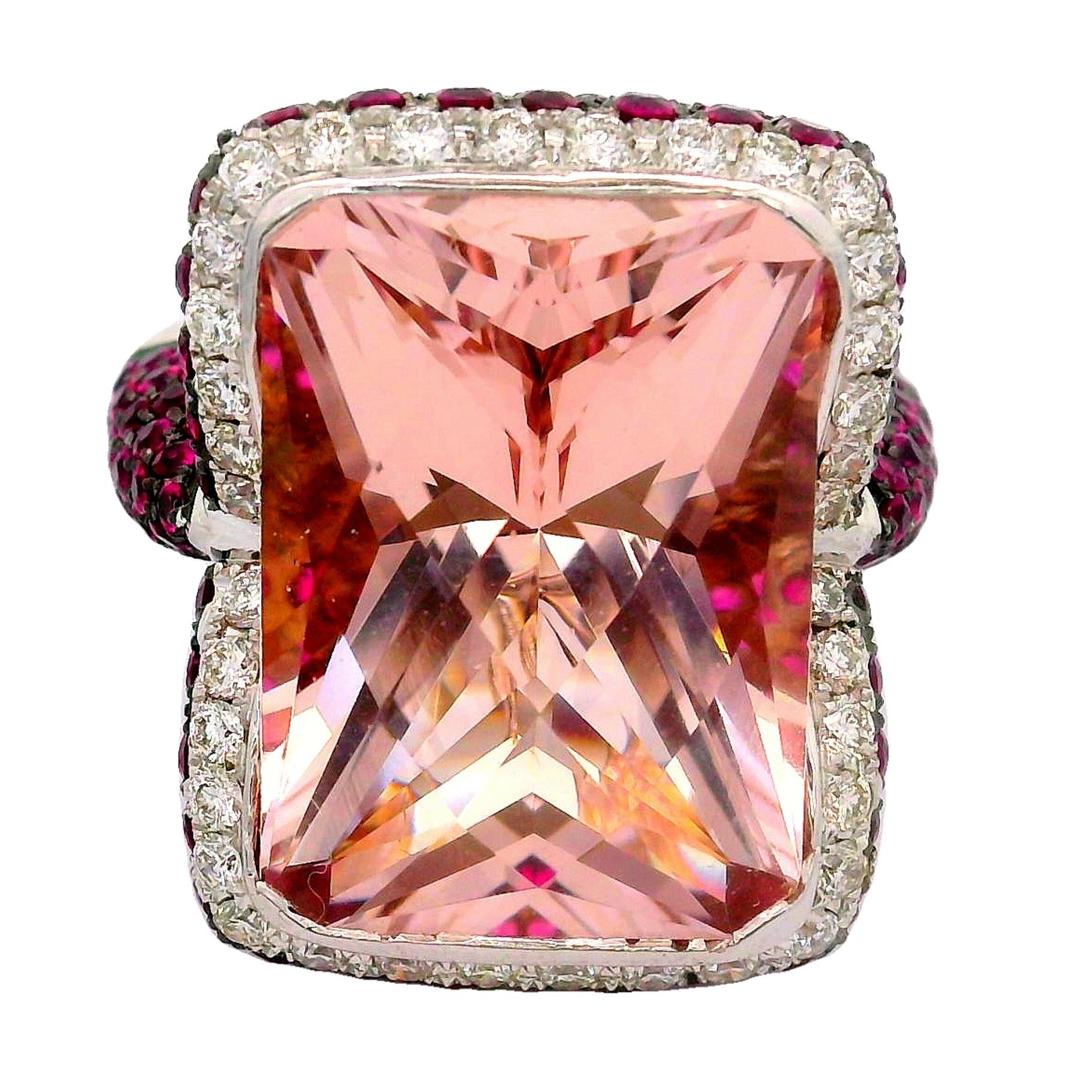 Morganite Ruby Diamond 18k White Gold Cocktail Ring