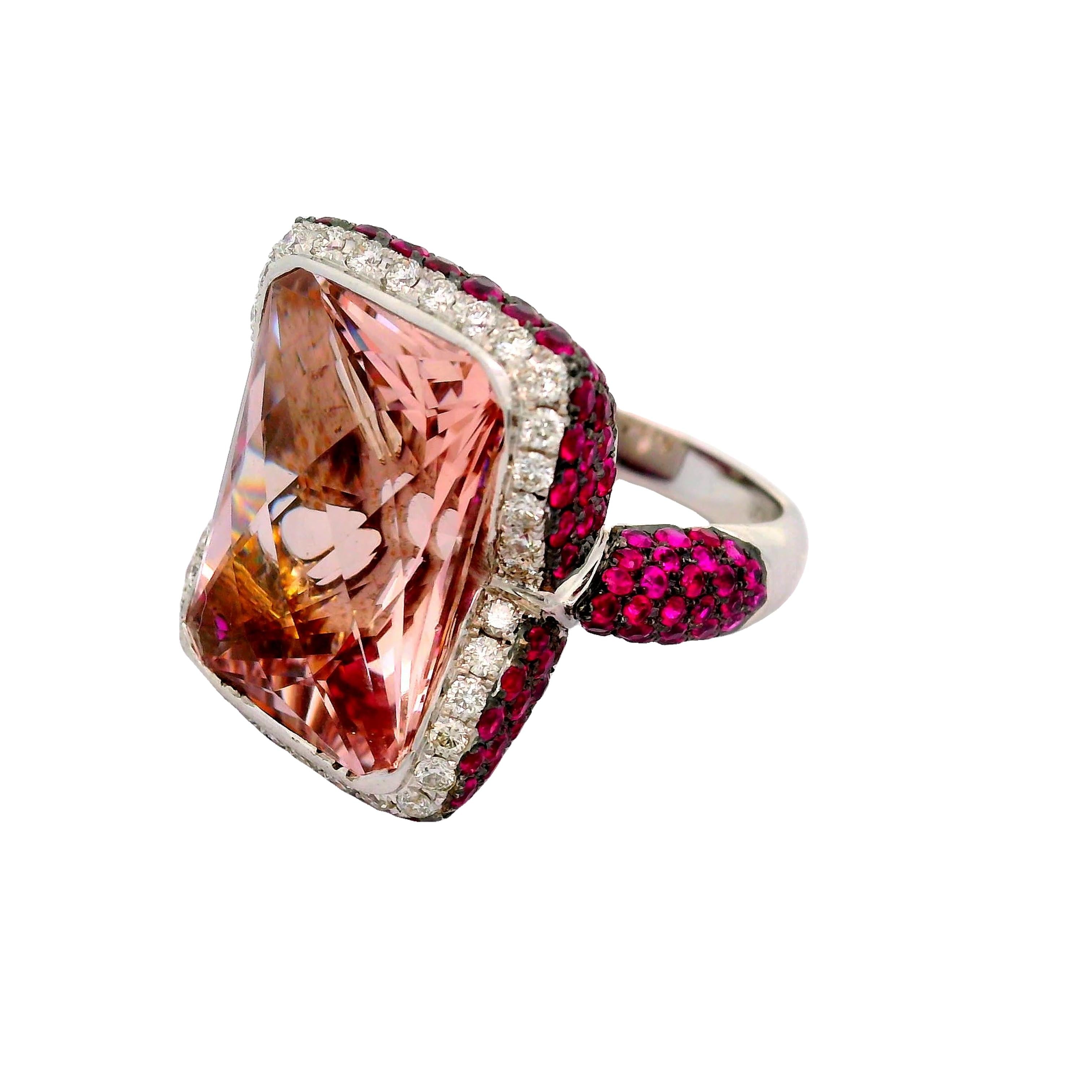 Morganite Ruby Diamond 18k White Gold Cocktail Ring