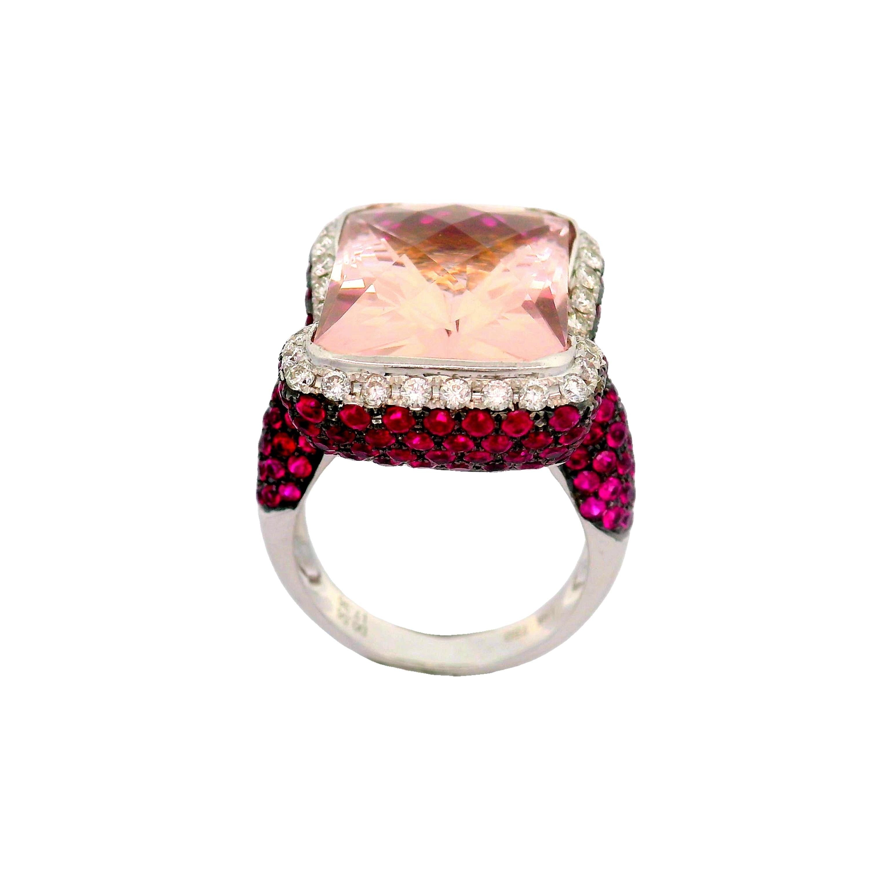 Morganite Ruby Diamond 18k White Gold Cocktail Ring