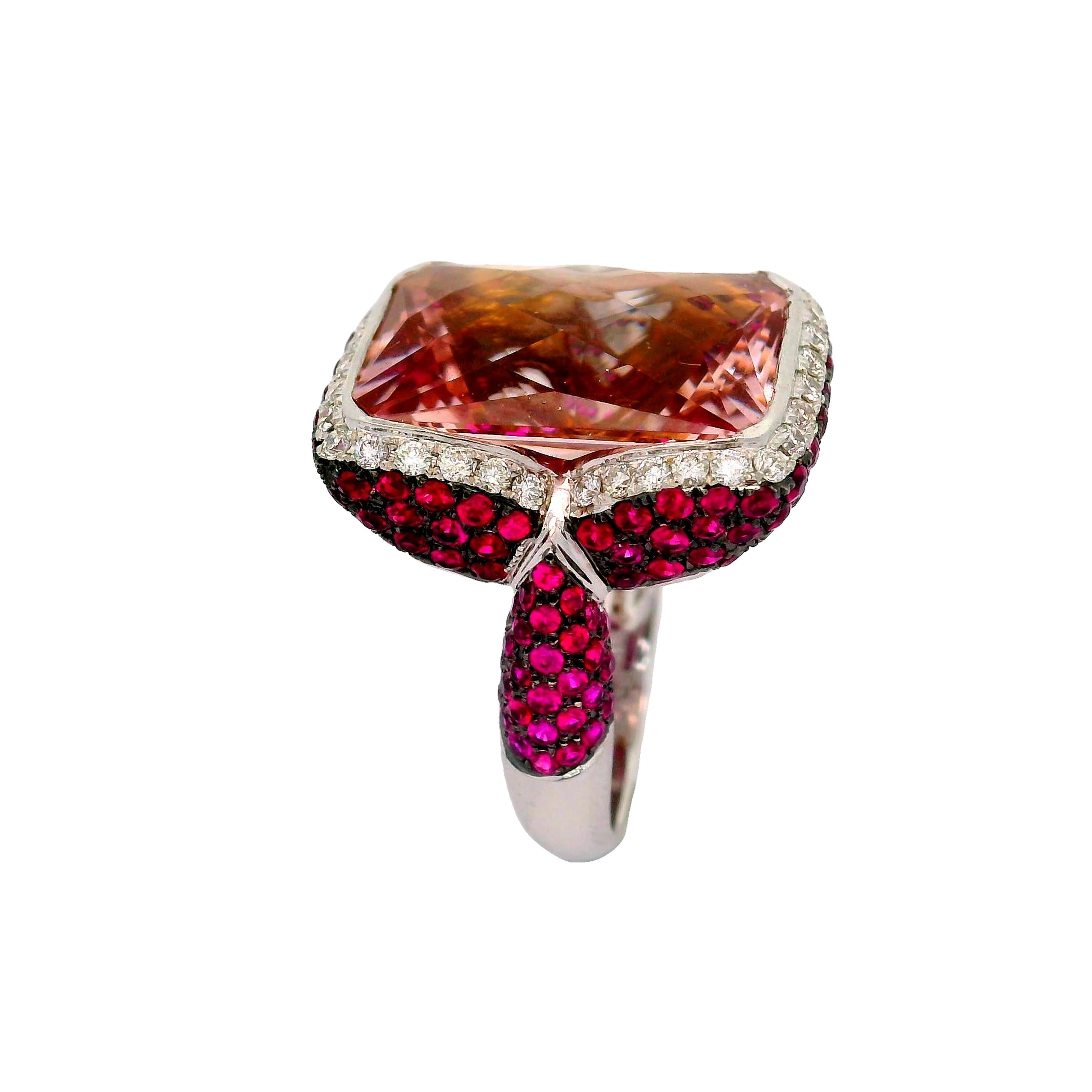 Morganite Ruby Diamond 18k White Gold Cocktail Ring
