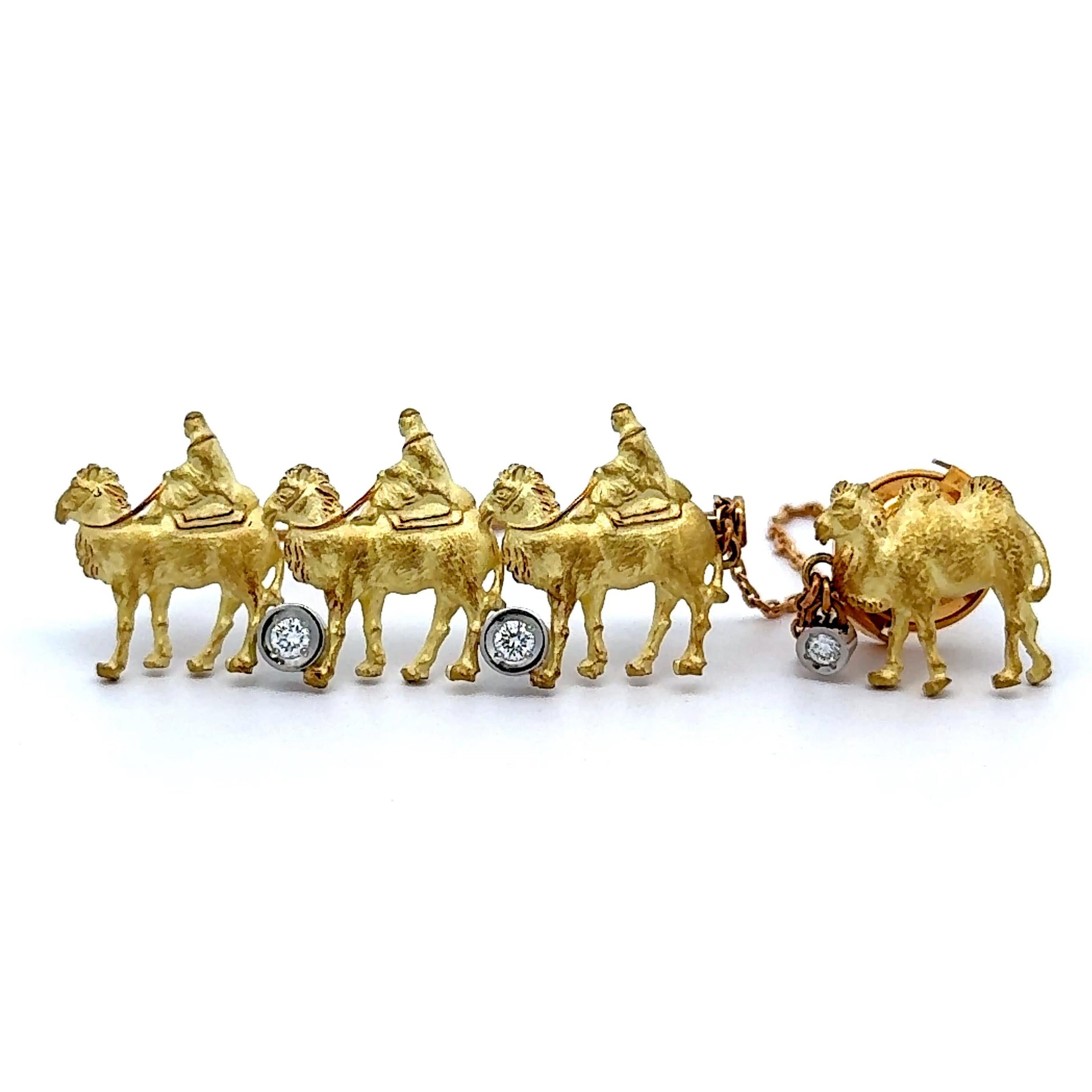 Diamond 18k Yellow Gold Camel with Riders Brooch Tie-Pin Chain