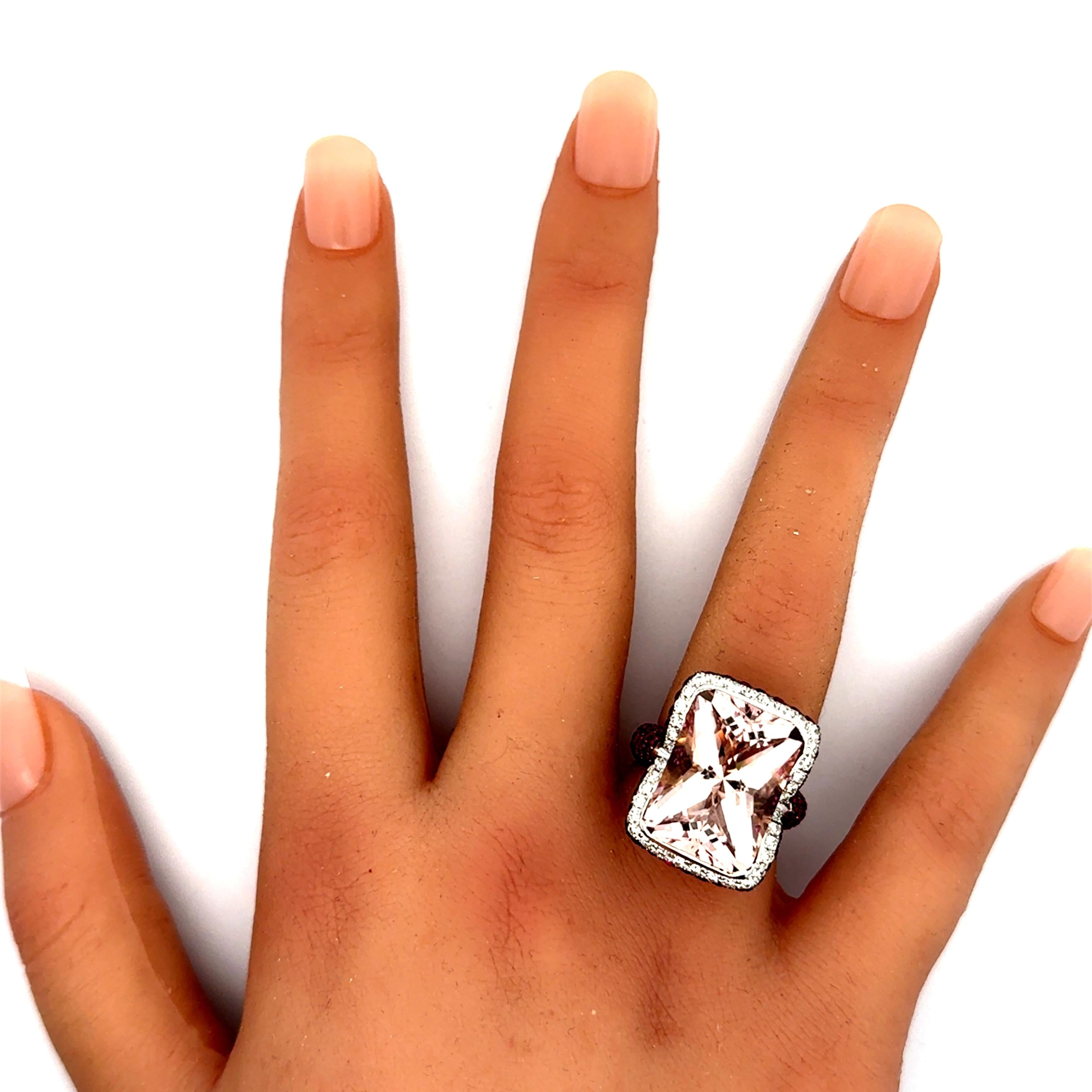 Morganite Ruby Diamond 18k White Gold Cocktail Ring