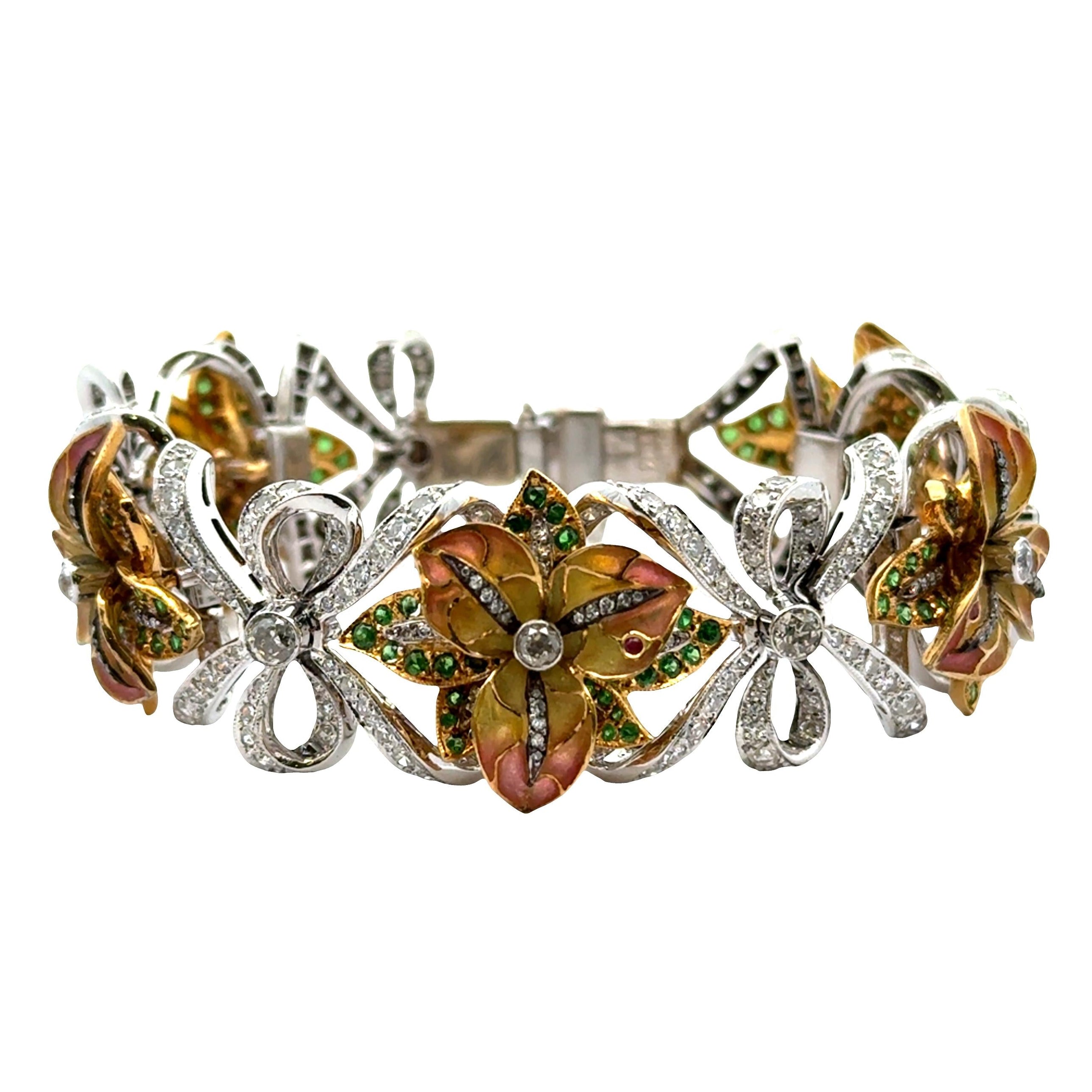 Diamond Tsavorite Ruby Enamel 18k White-Yellow Gold Flower-Ribbon Bracelet