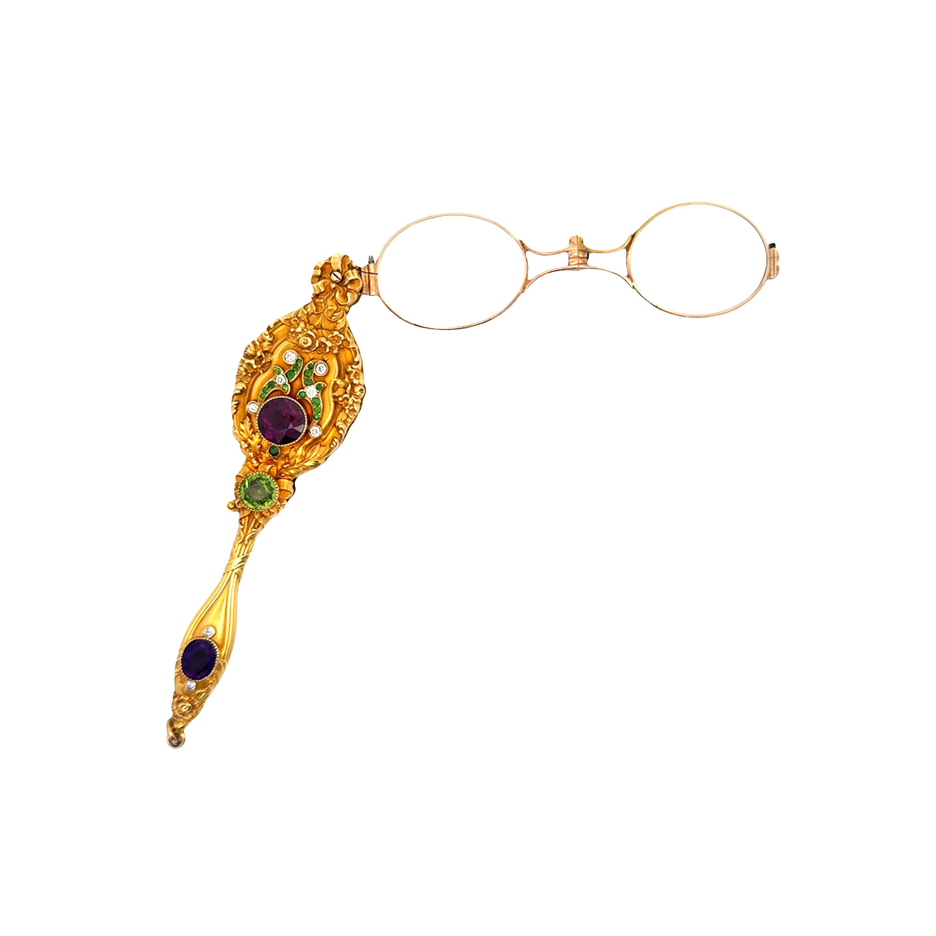 Art Nouveau Garnet Peridot Amethyst Diamond 14k Yellow Lorgnette Pendant