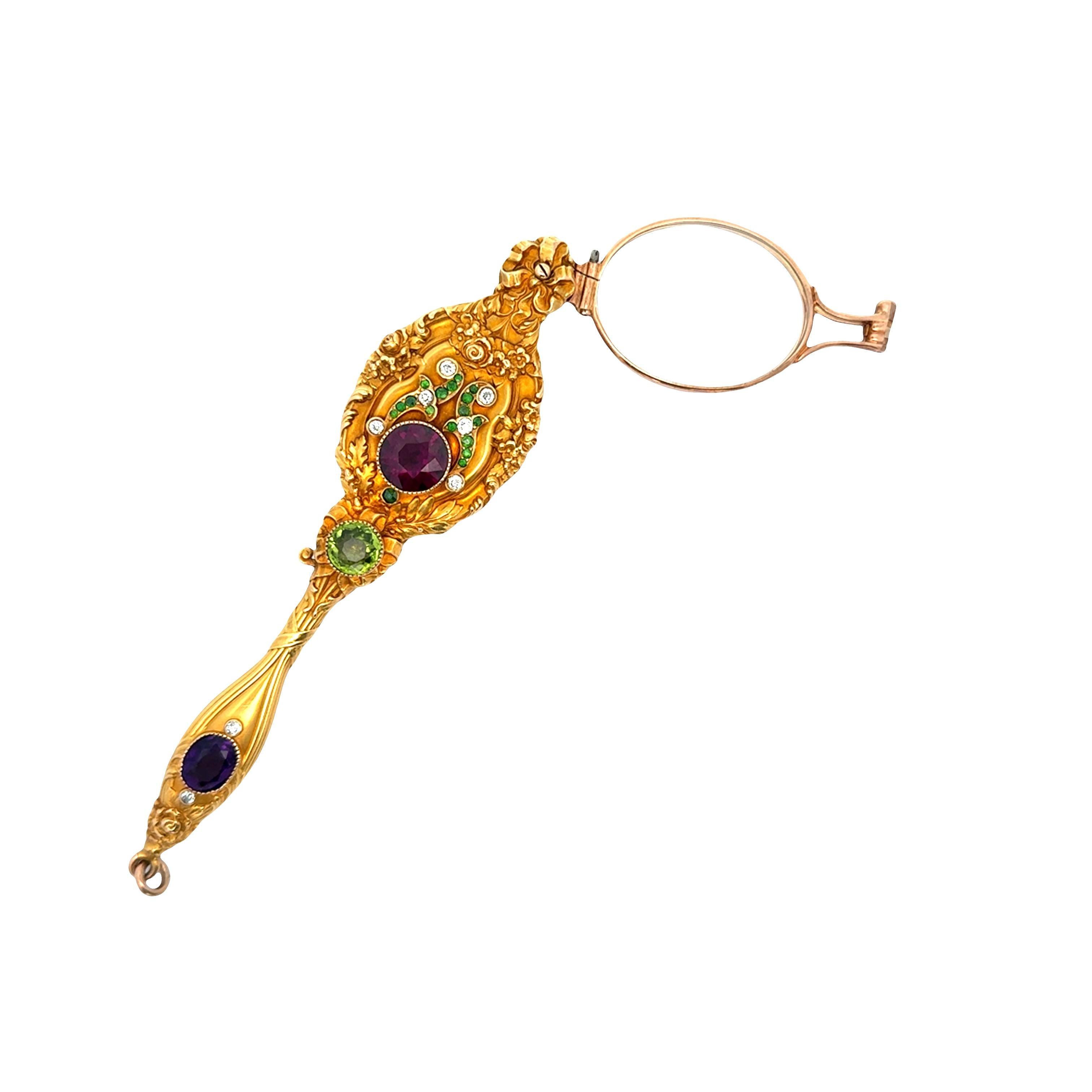 Art Nouveau Garnet Peridot Amethyst Diamond 14k Yellow Lorgnette Pendant