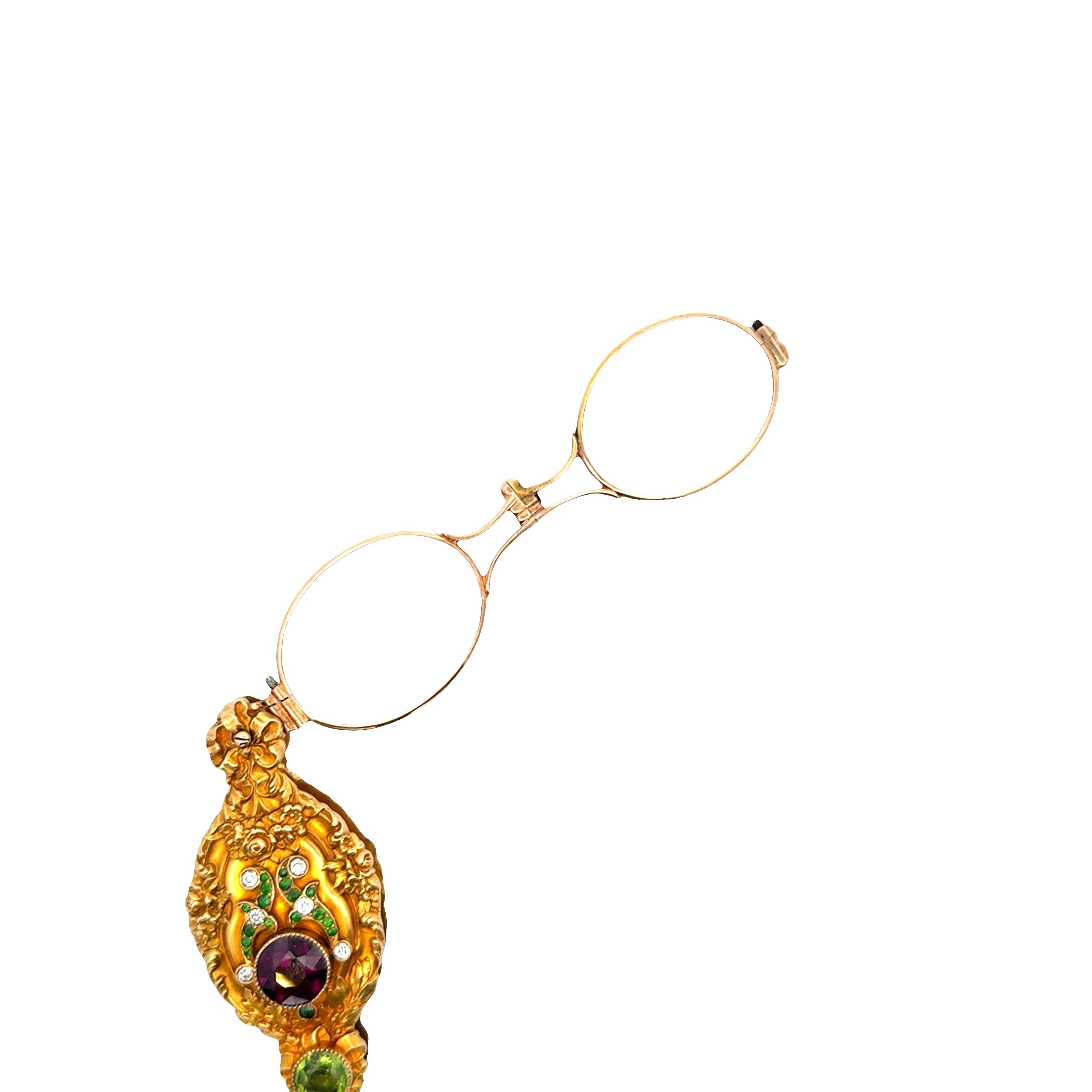 Art Nouveau Garnet Peridot Amethyst Diamond 14k Yellow Lorgnette Pendant