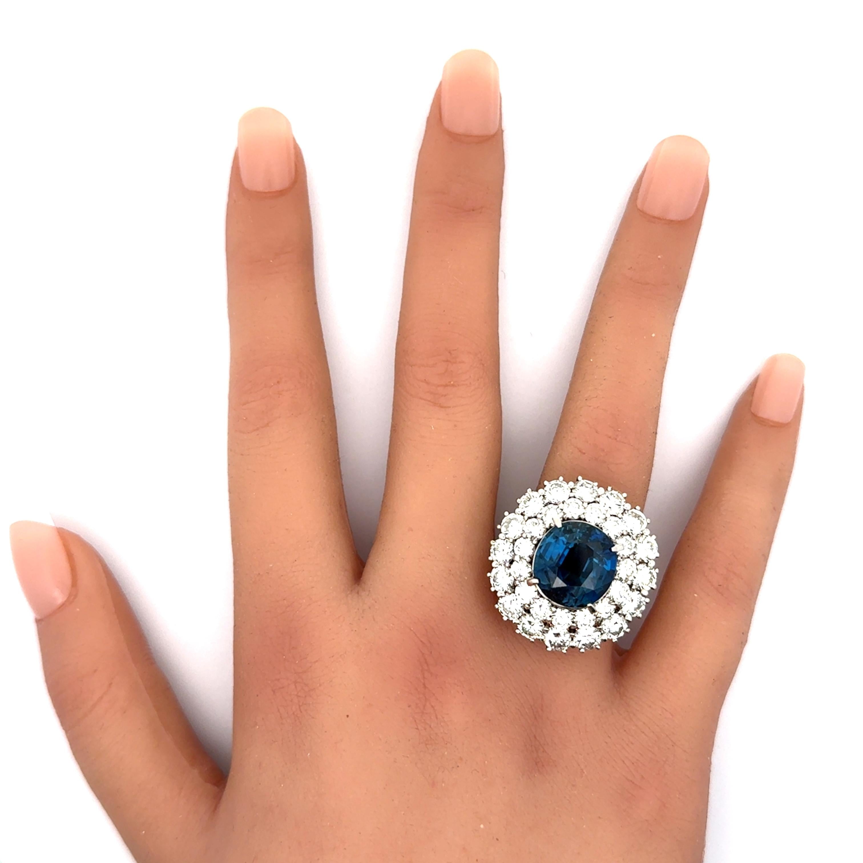 12.13 Carat Blue Sapphire Diamond Double Halo Platinum Ring