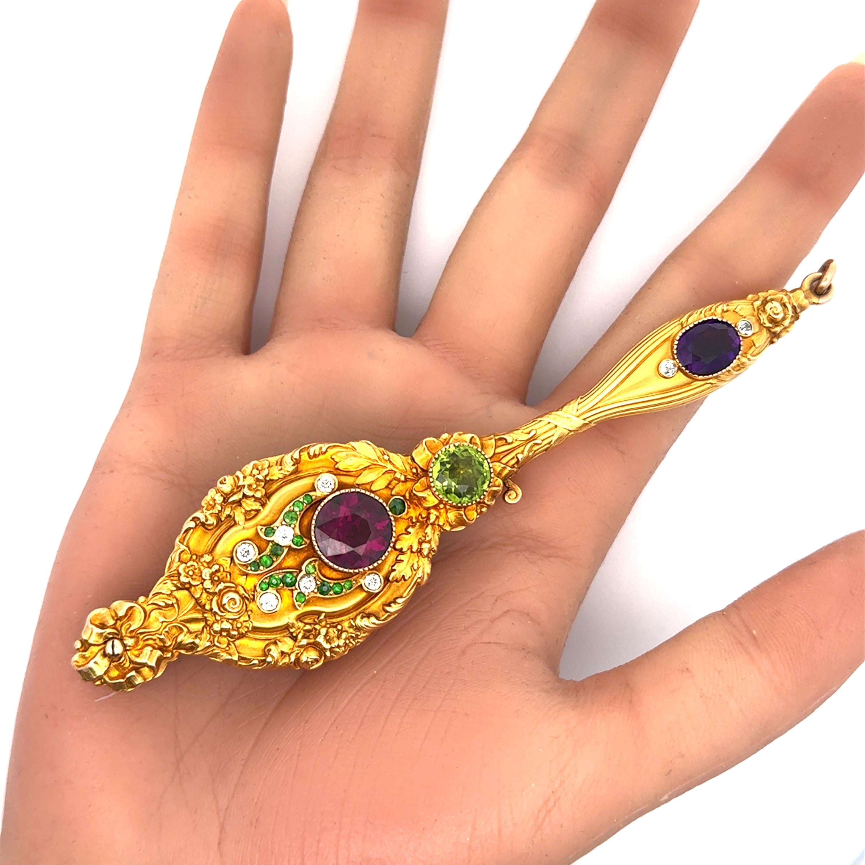 Art Nouveau Garnet Peridot Amethyst Diamond 14k Yellow Lorgnette Pendant