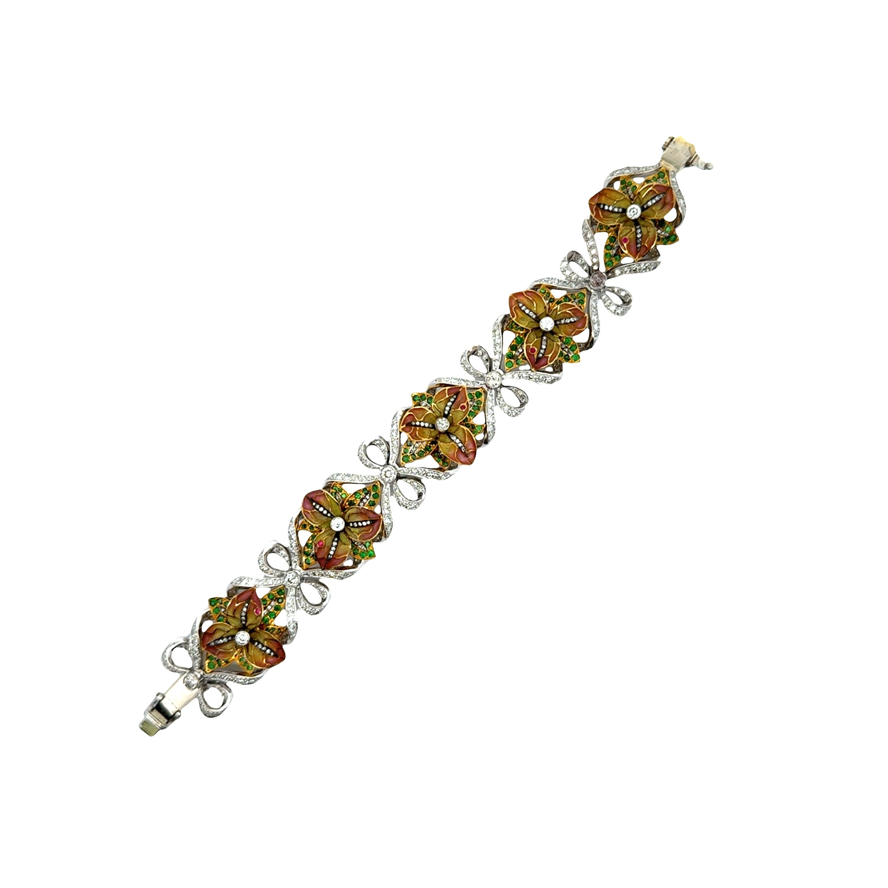 Diamond Tsavorite Ruby Enamel 18k White-Yellow Gold Flower-Ribbon Bracelet