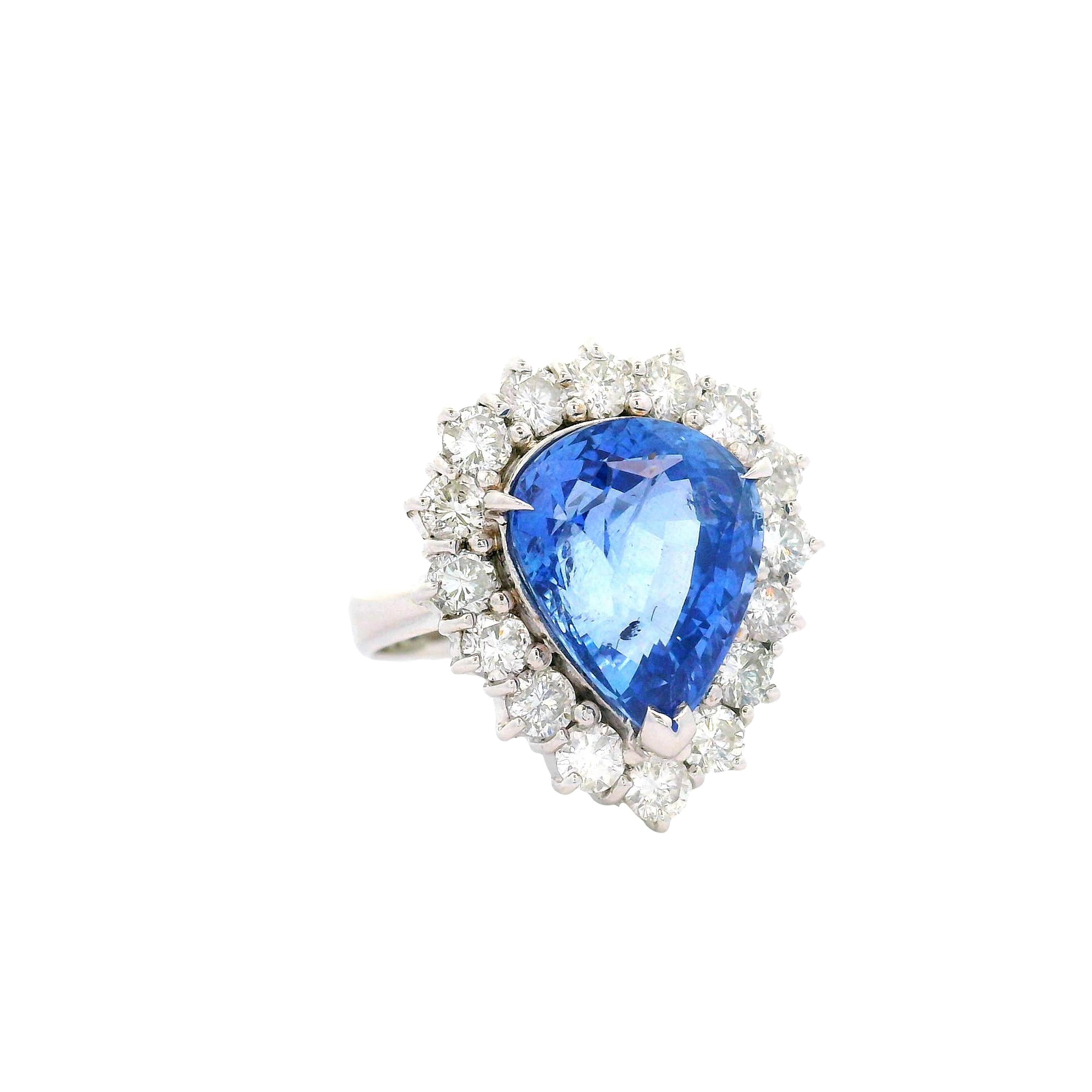 7.67 Carat Blue Sapphire Diamond Halo 18K White Gold Ring