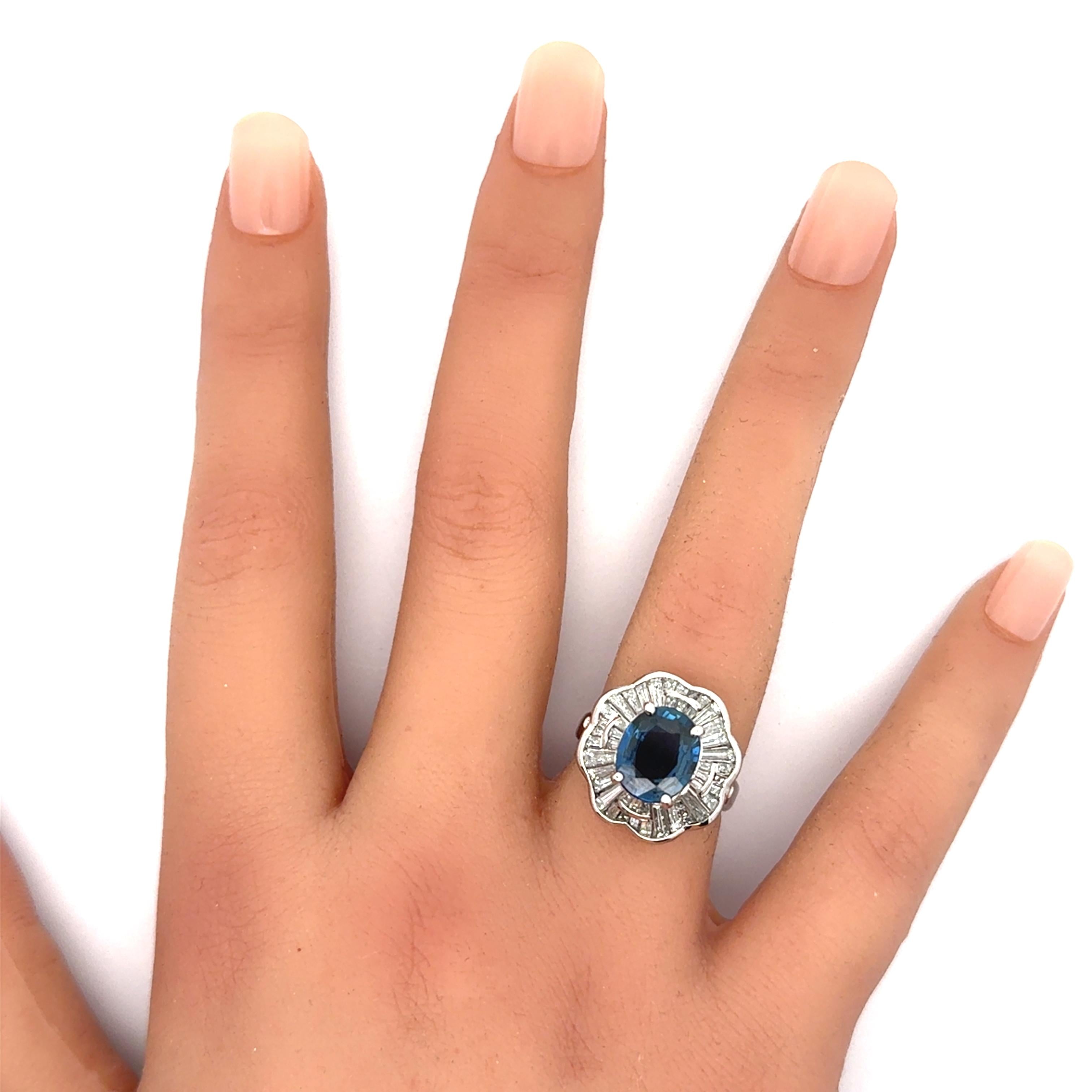 3.05 Carat Blue Sapphire Diamond Platinum Ballerina Ring