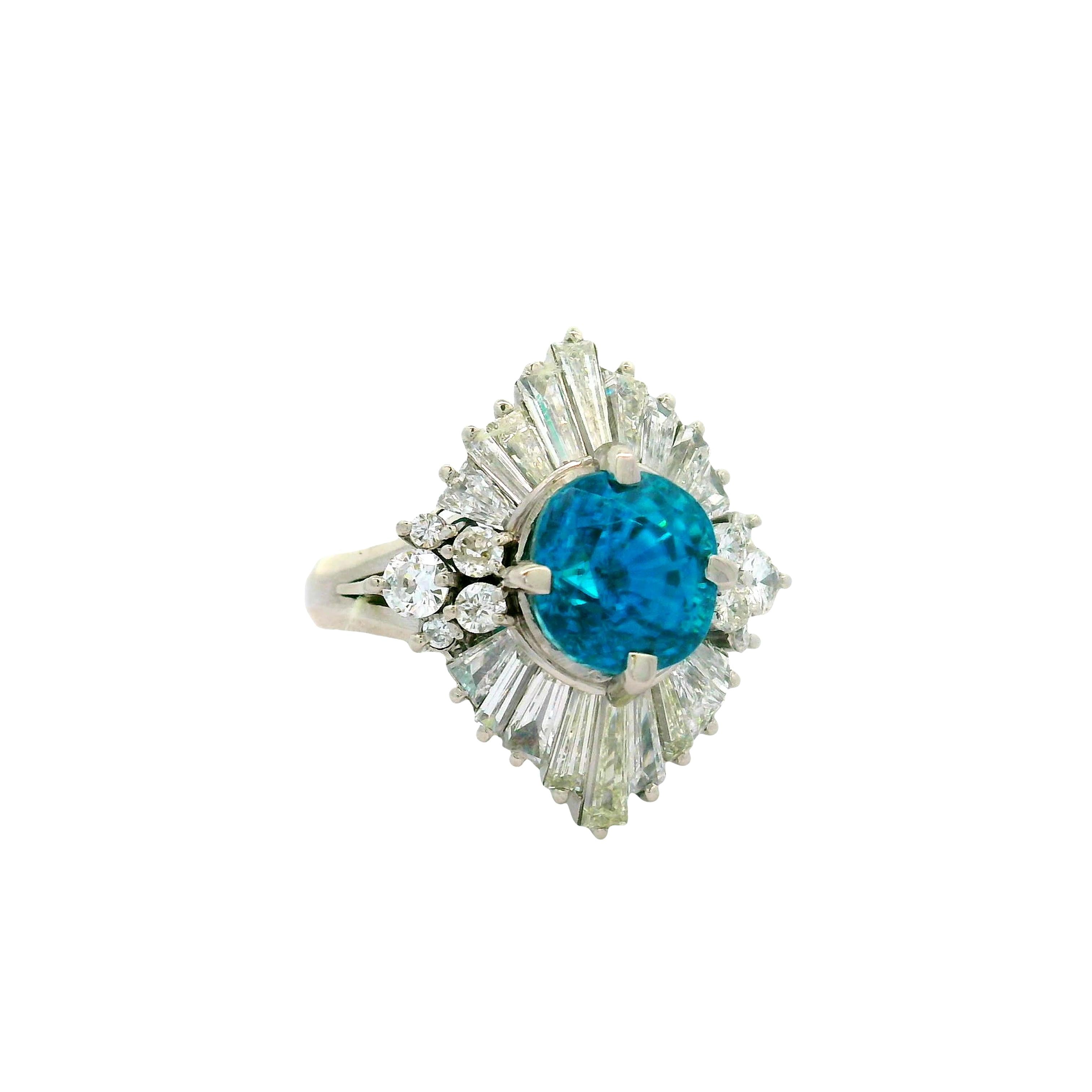 5.00 Carat Blue Zircon Diamond Platinum Burst Ring