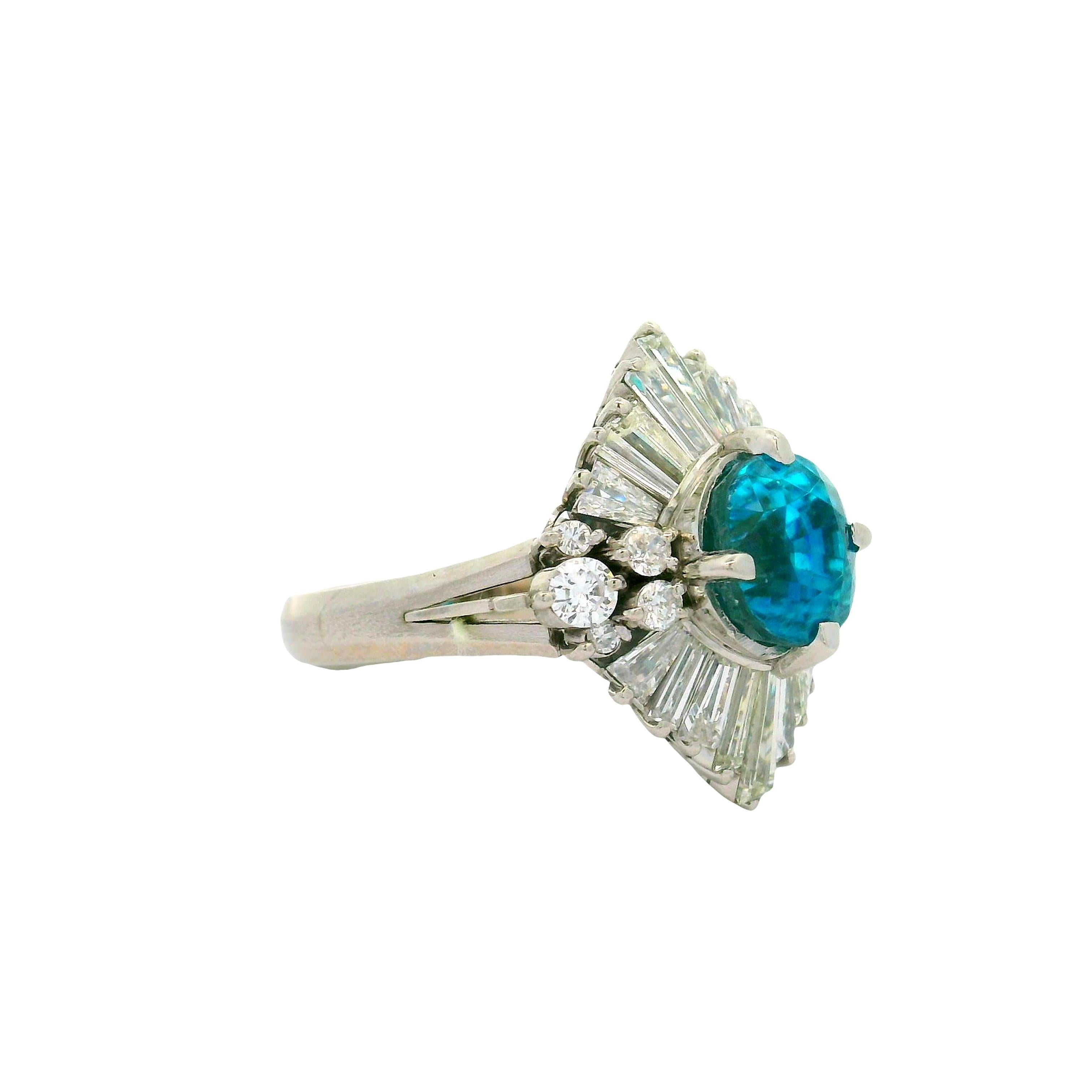 5.00 Carat Blue Zircon Diamond Platinum Burst Ring