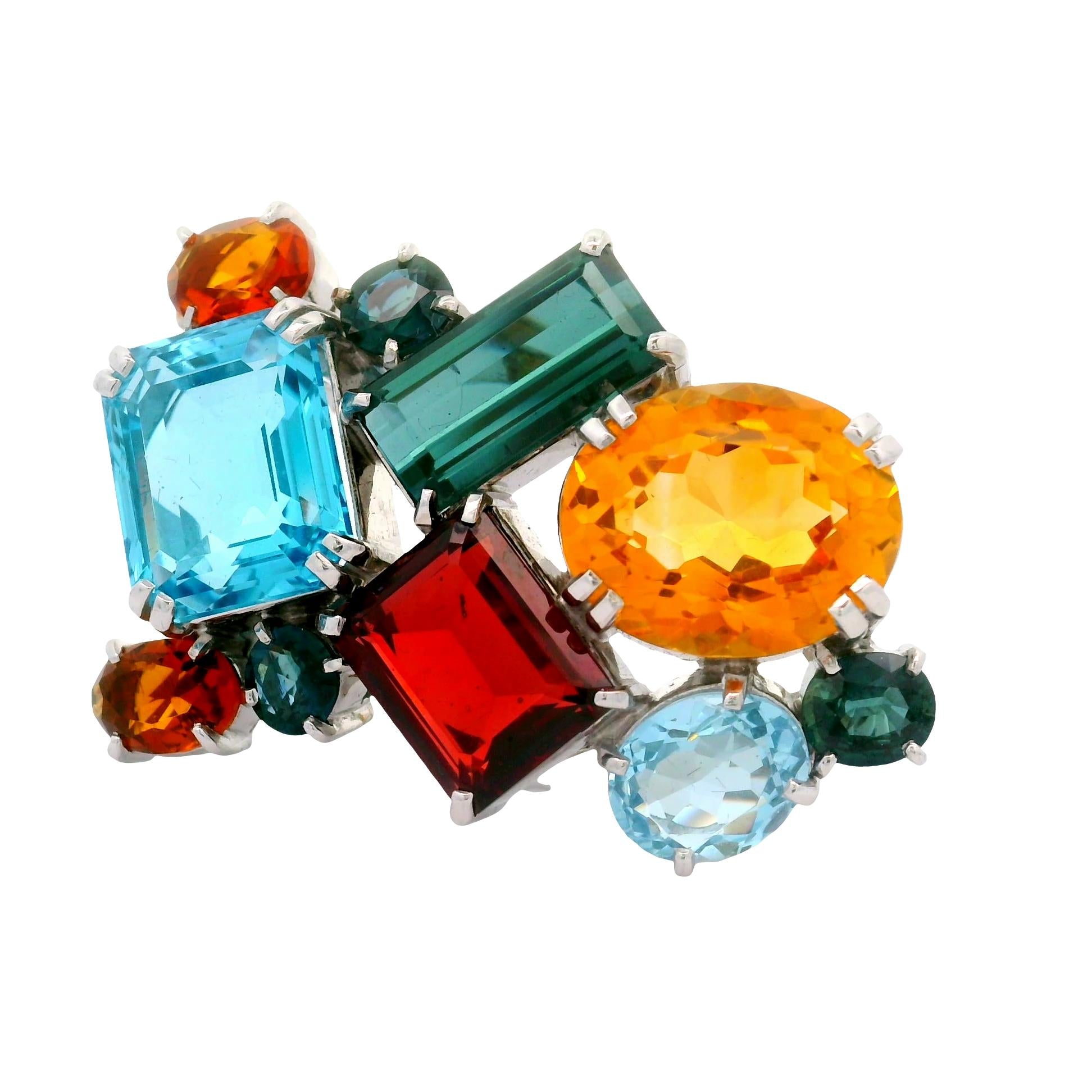 Multi-Colored Gemstone 18k White Gold Brooch Pendant