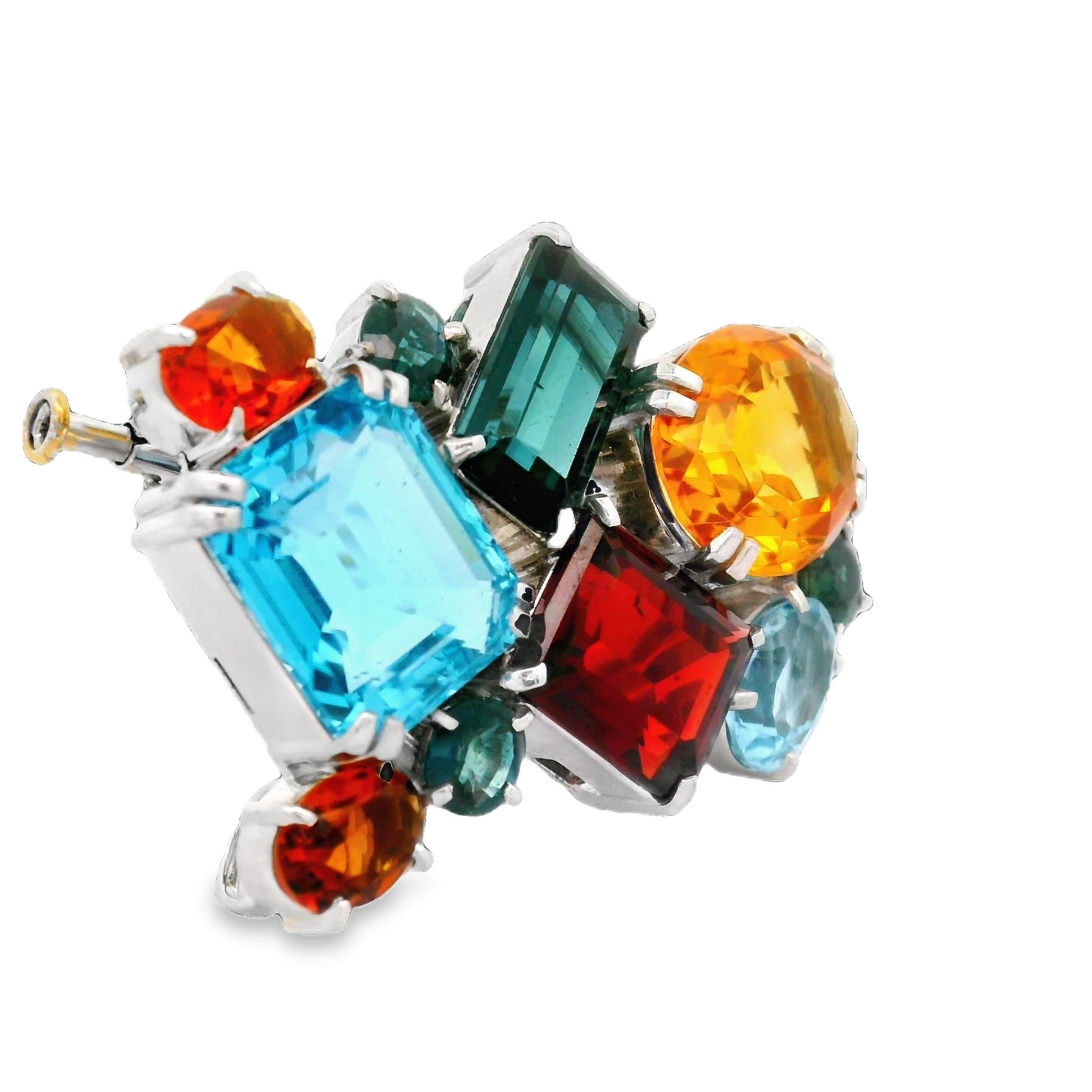 Multi-Colored Gemstone 18k White Gold Brooch Pendant