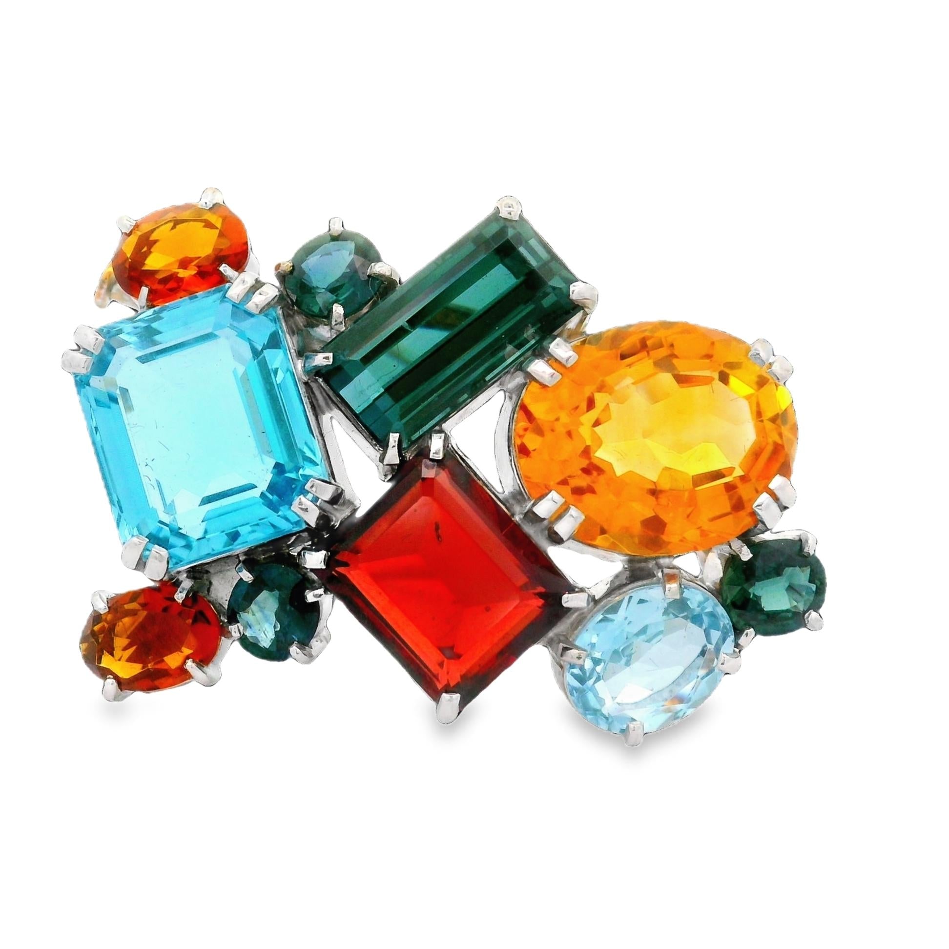 Multi-Colored Gemstone 18k White Gold Brooch Pendant