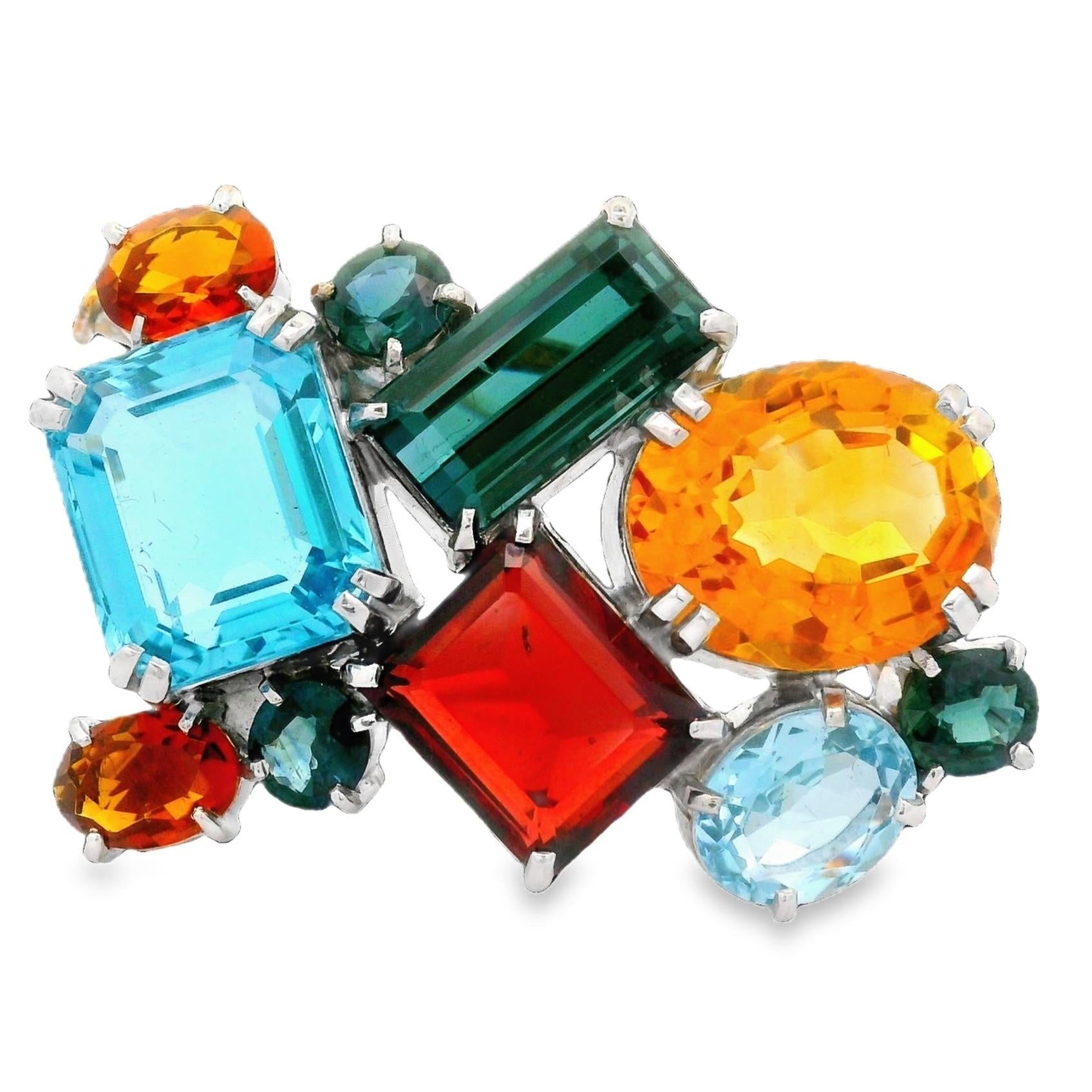 Multi-Colored Gemstone 18k White Gold Brooch Pendant