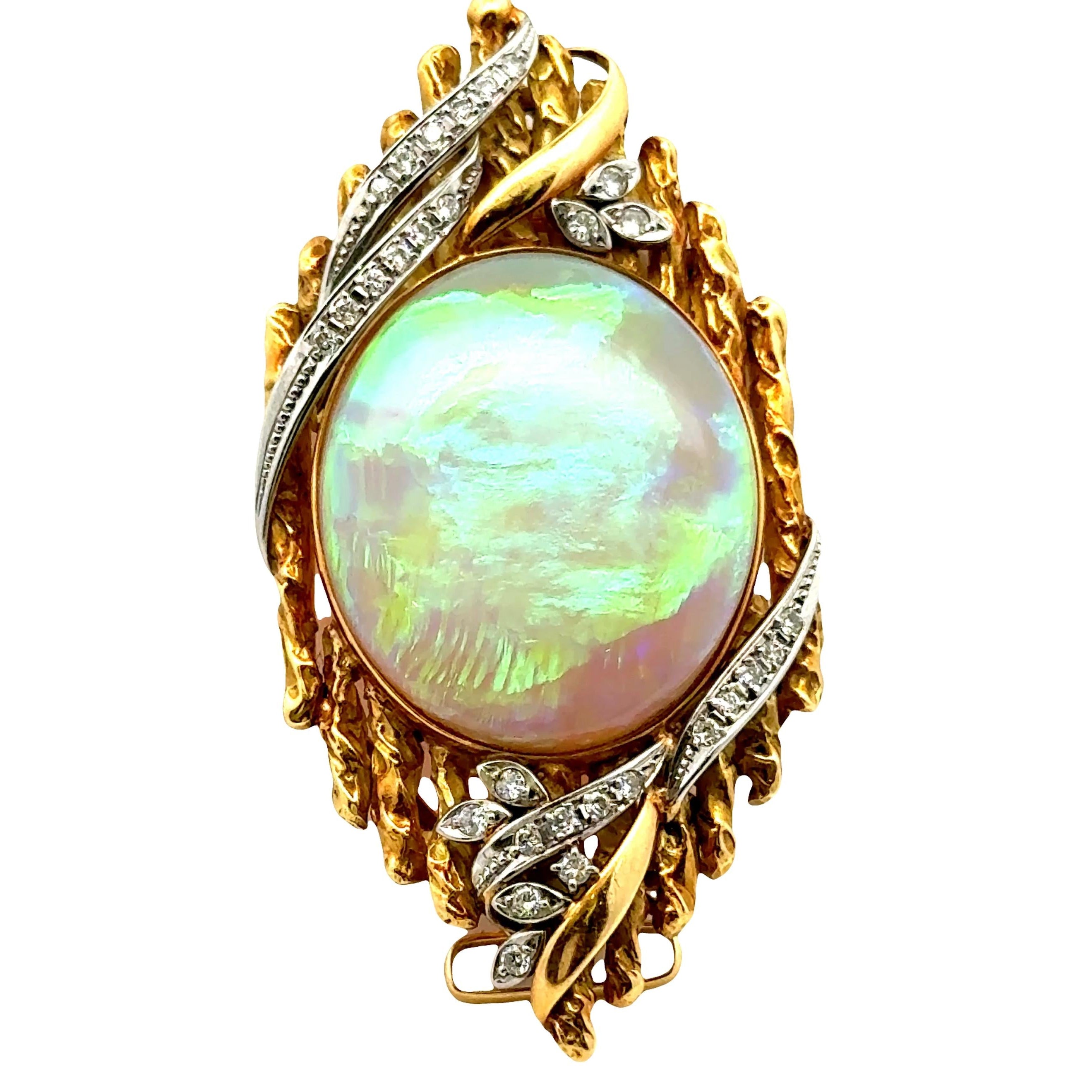 18.70 Carat Australian Crystal Opal Diamond 18k Yellow Gold & Platinum Brooch