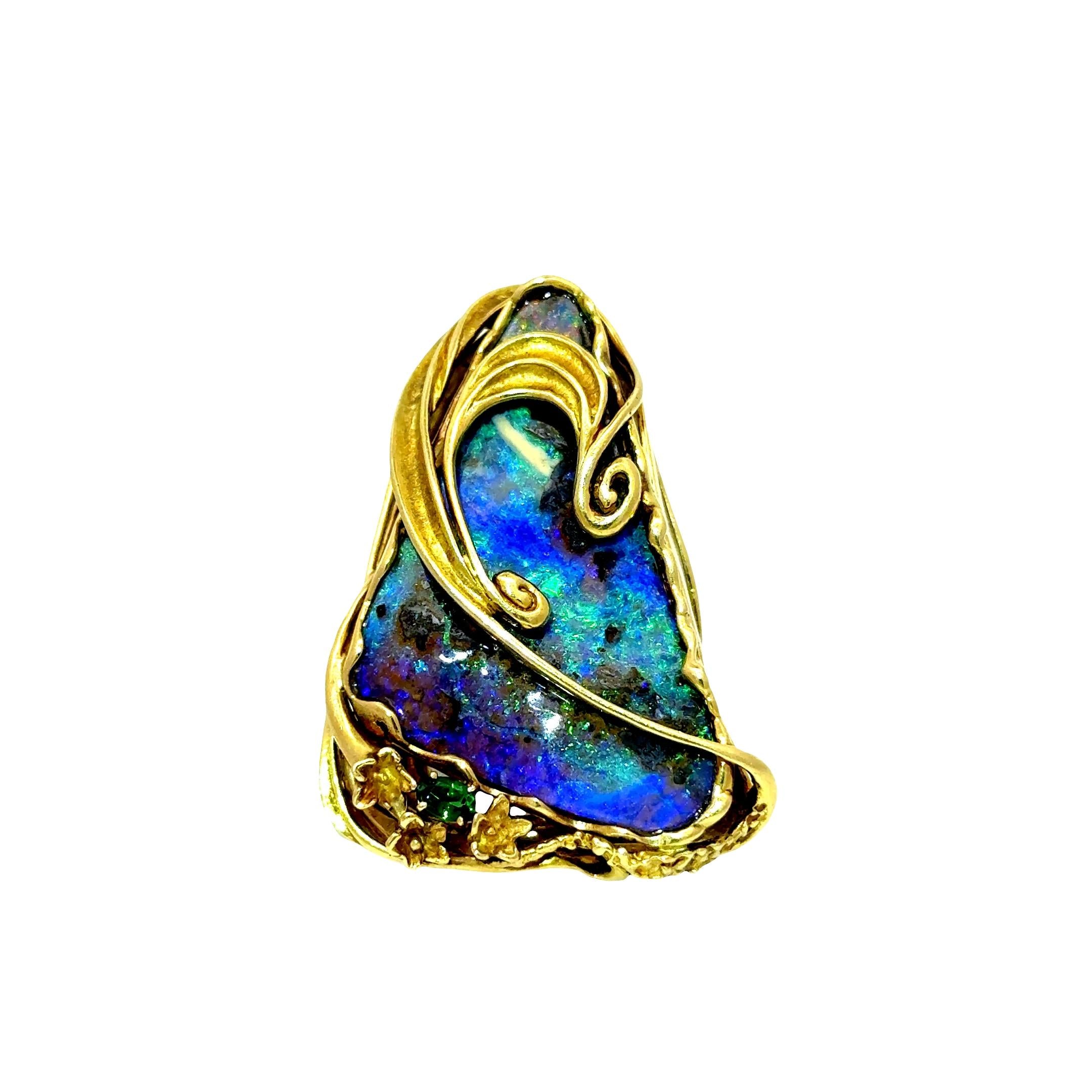 35.23 Carat Australian Boulder Opal Tsavorite 18K Yellow Gold Cocktail Ring
