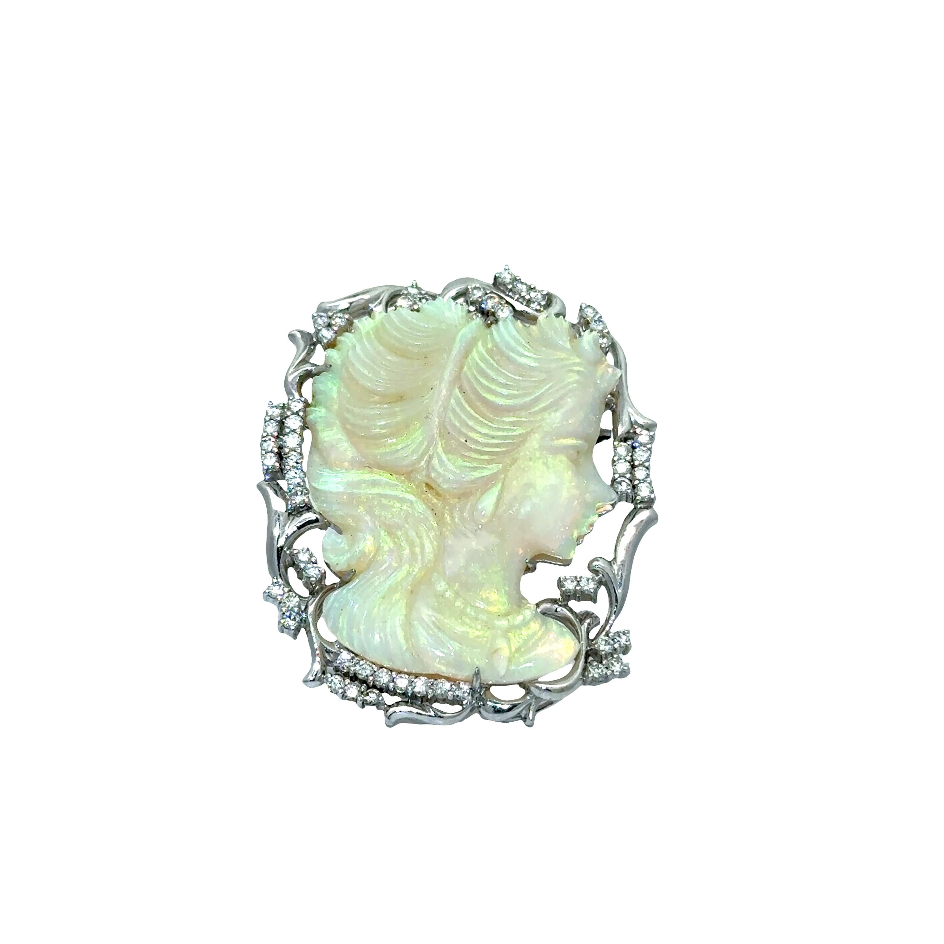 Carved Australian Crystal Opal Diamond Platinum Cameo Brooch