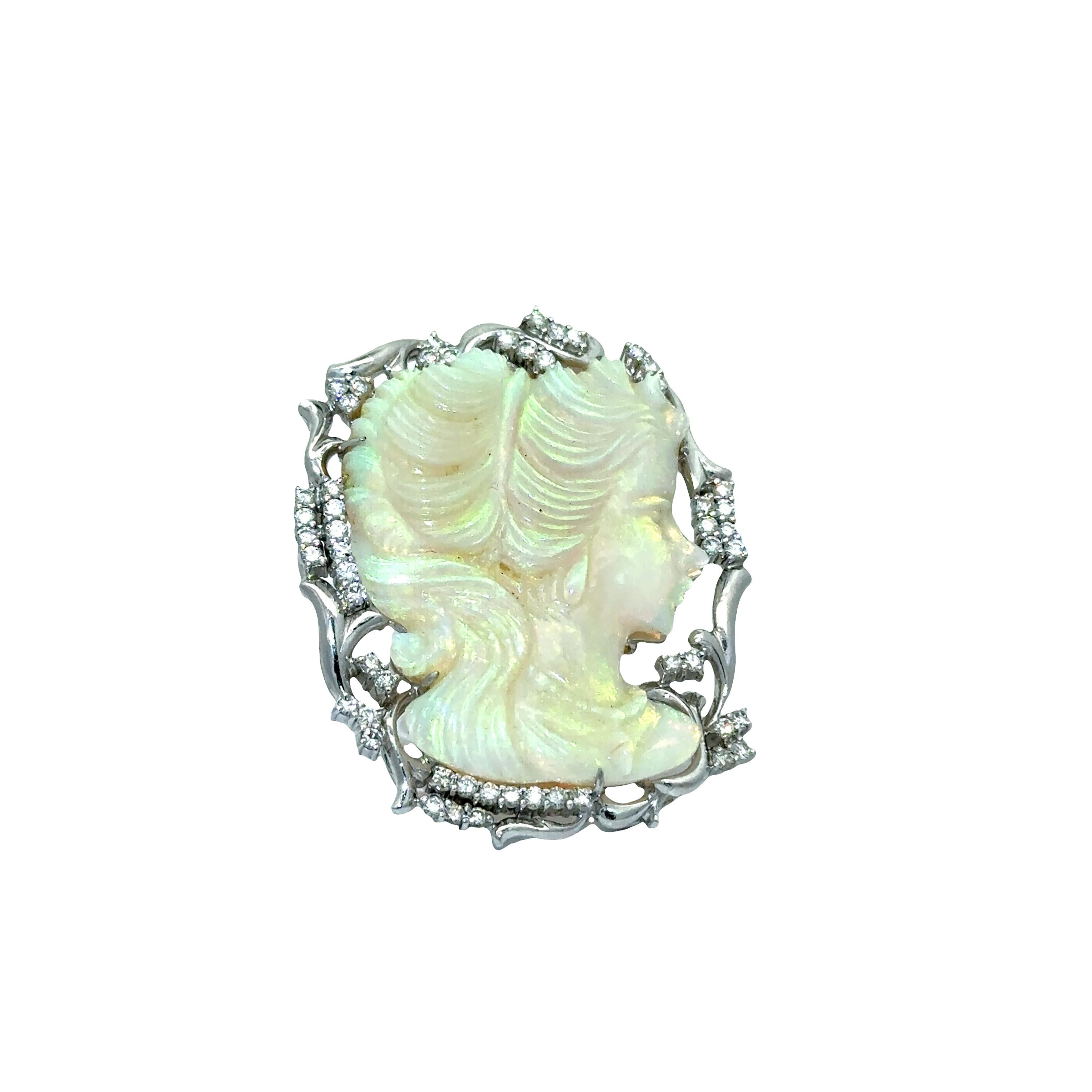 Carved Australian Crystal Opal Diamond Platinum Cameo Brooch