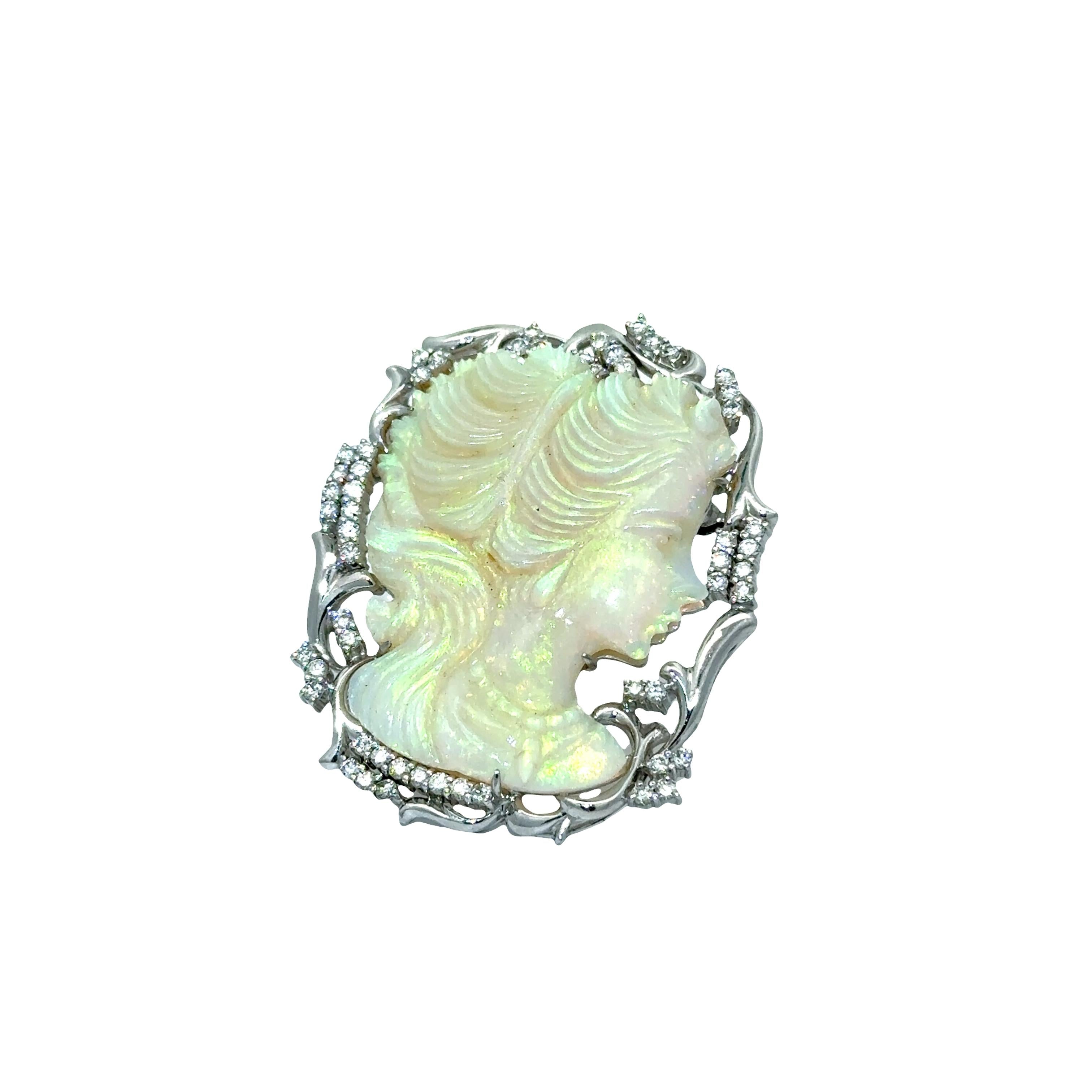 Carved Australian Crystal Opal Diamond Platinum Cameo Brooch