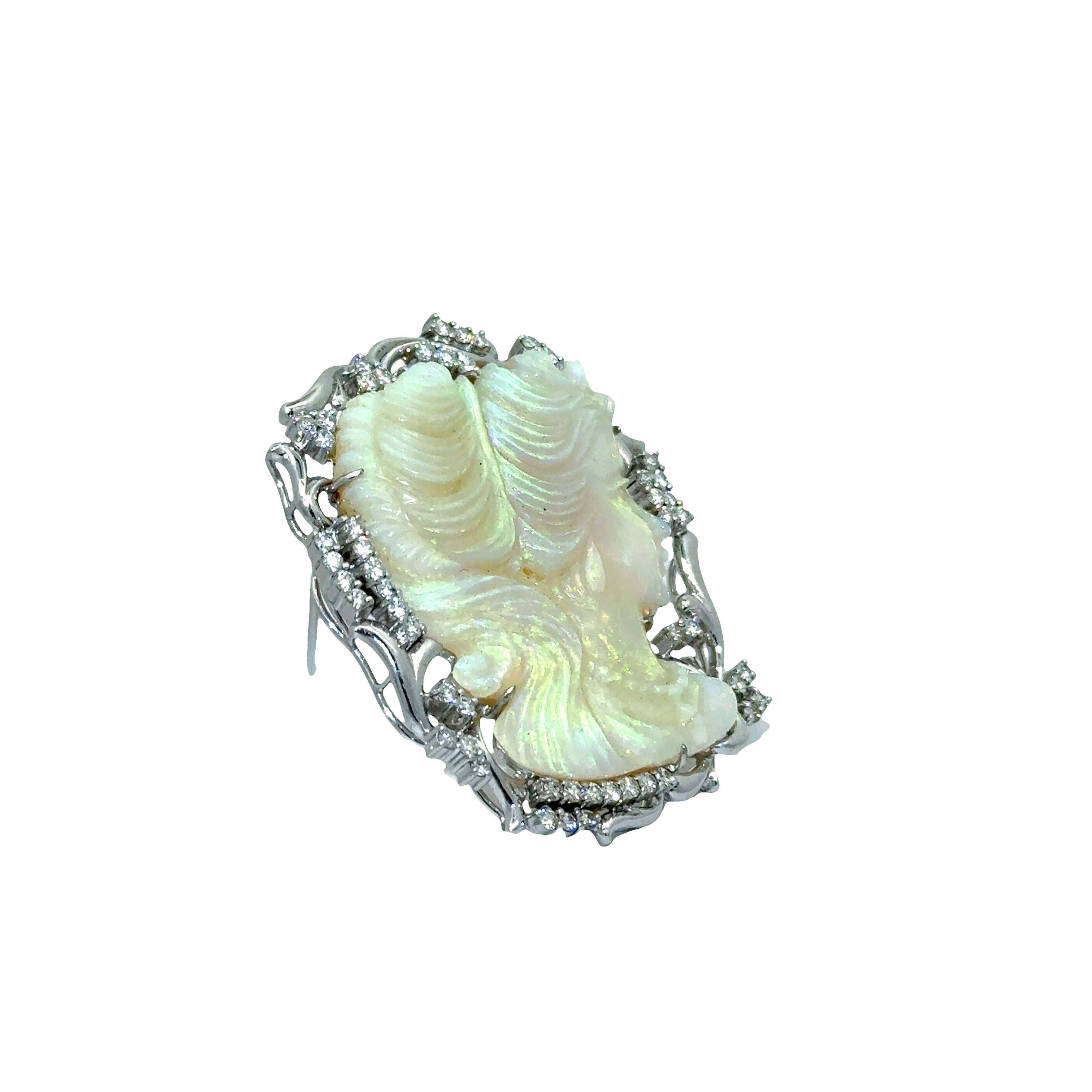 Carved Australian Crystal Opal Diamond Platinum Cameo Brooch