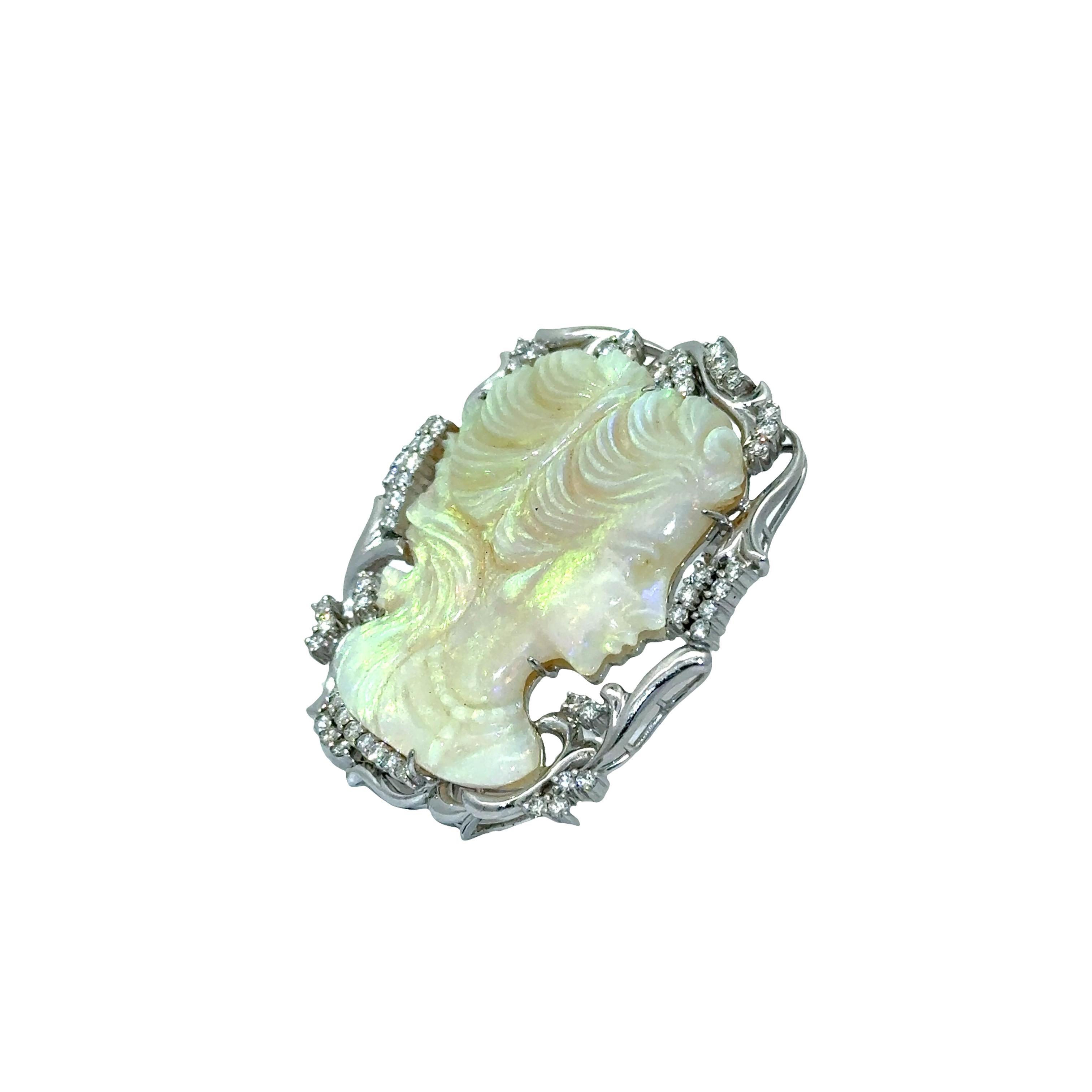 Carved Australian Crystal Opal Diamond Platinum Cameo Brooch
