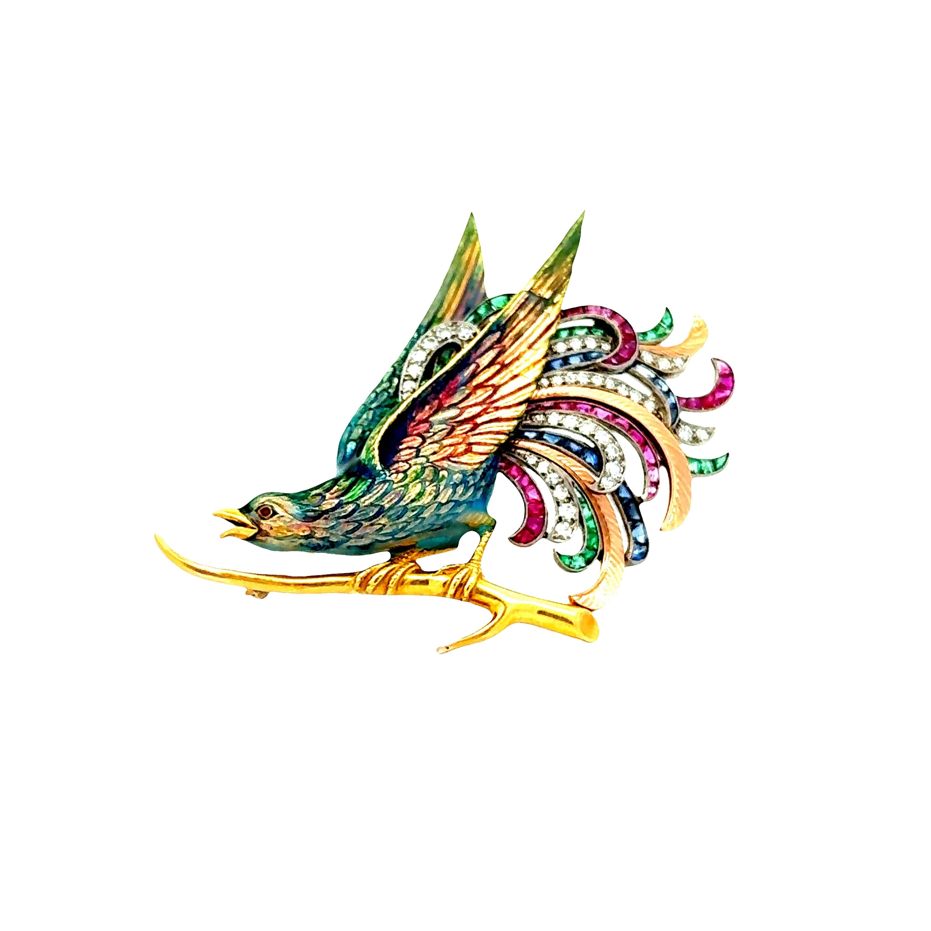 Retro Ruby Sapphire Diamond Emerald Enamel 18k Yellow Gold & Platinum Bird Brooc