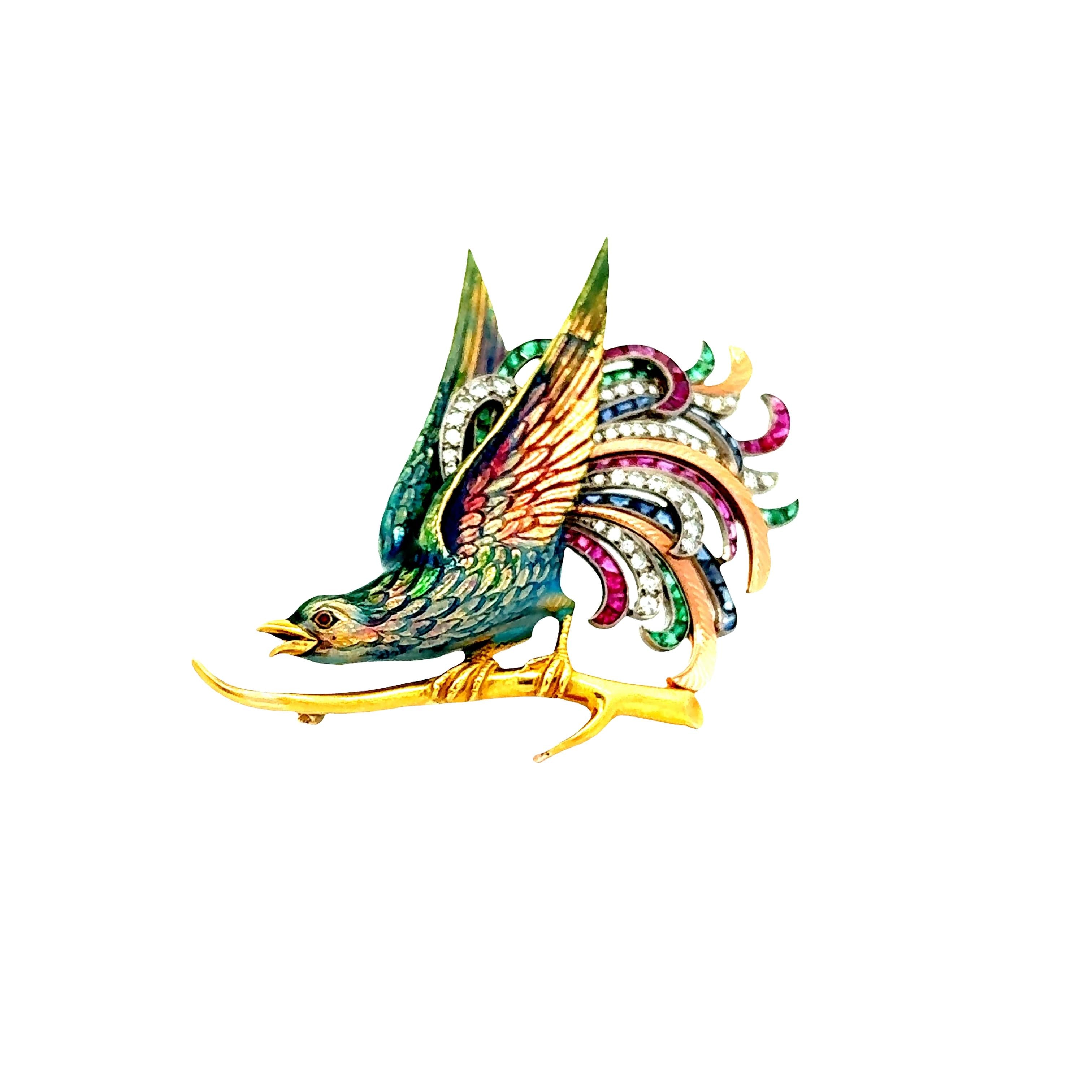 Retro Ruby Sapphire Diamond Emerald Enamel 18k Yellow Gold & Platinum Bird Brooc