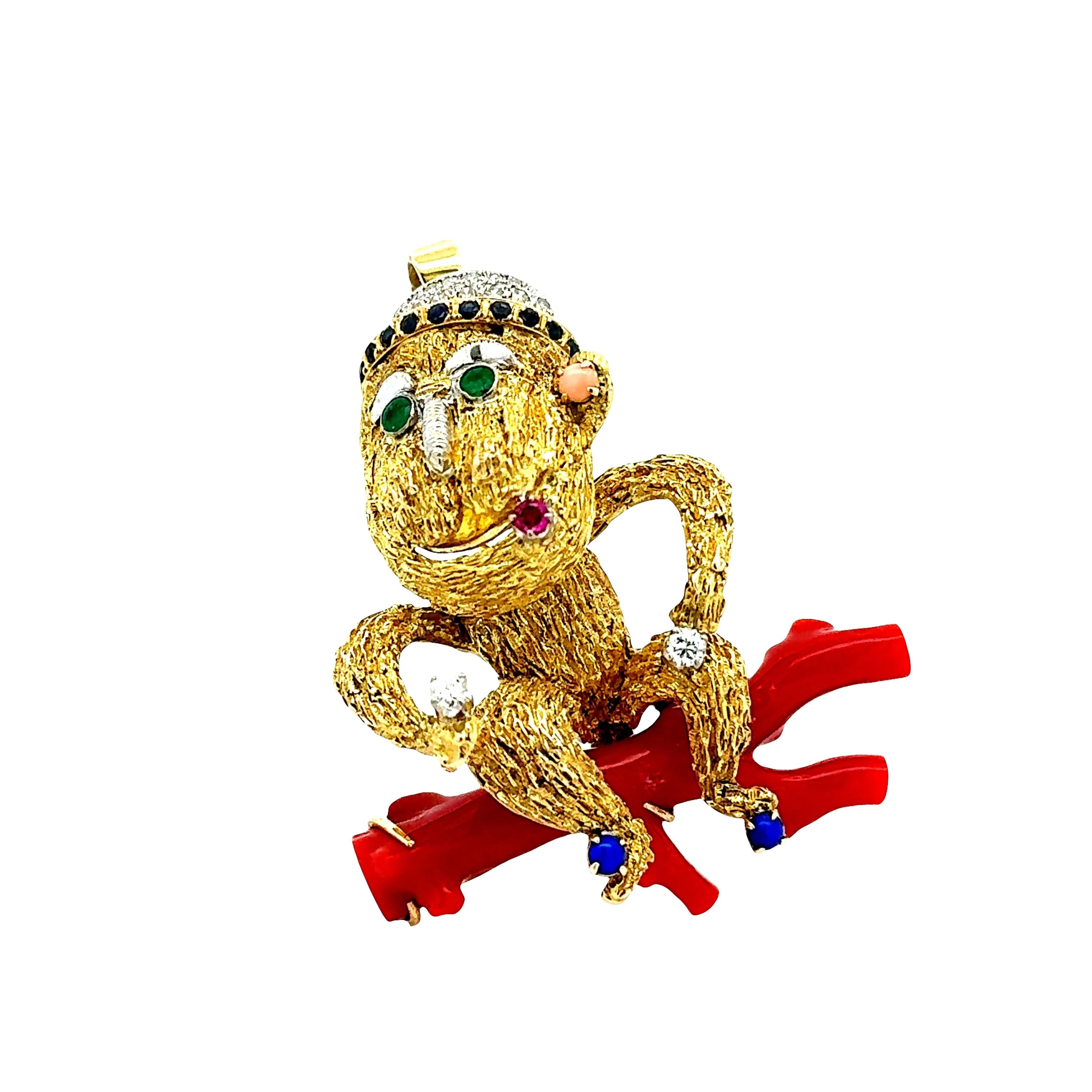 Red Coral Multi-colored Gemstones Diamond 14K Yellow Gold Monkey Brooch Pendant