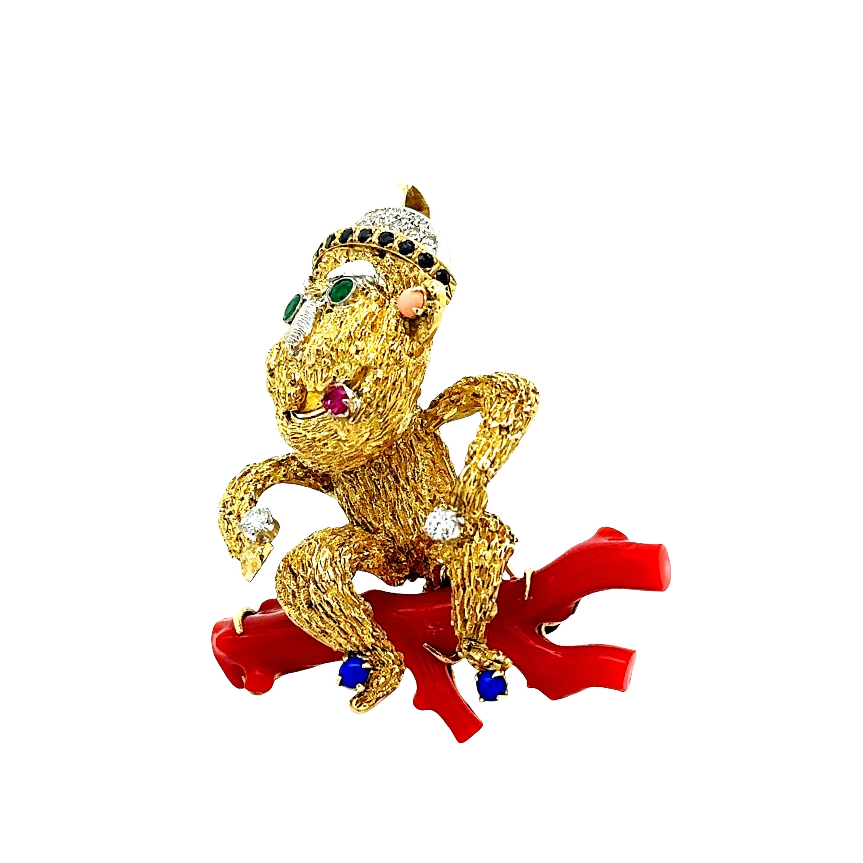 Red Coral Multi-colored Gemstones Diamond 14K Yellow Gold Monkey Brooch Pendant