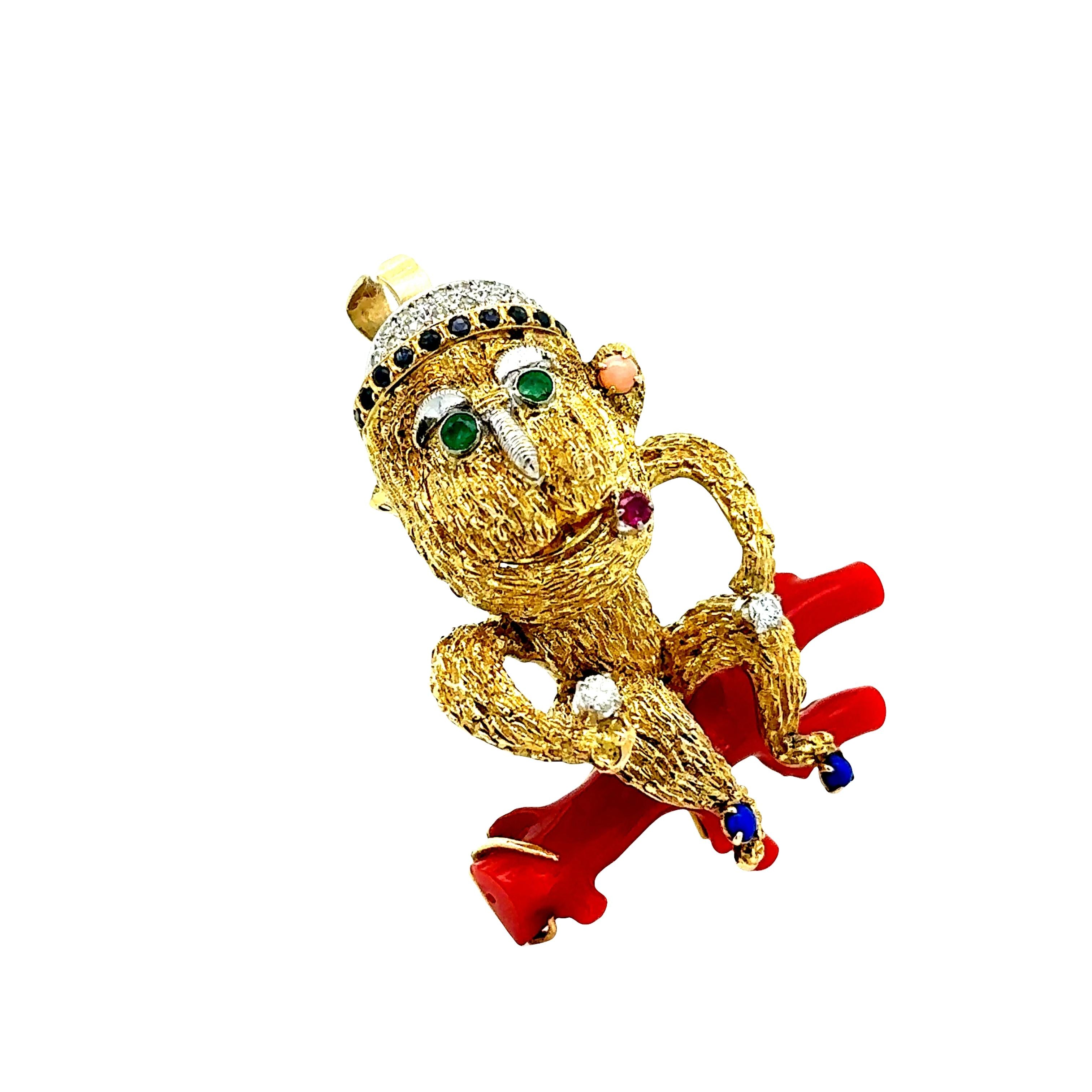 Red Coral Multi-colored Gemstones Diamond 14K Yellow Gold Monkey Brooch Pendant